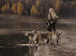 Картинка девушки -unsort+ блондинки собаки дама река