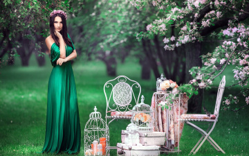 Картинка девушки -unsort+ брюнетки +шатенки брюнетка платье венок зелень клетка стулья винтаж ангел взгляд
