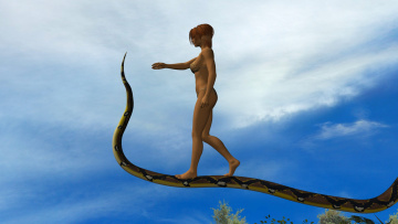 Картинка 3д+графика фантазия+ fantasy девушка фон змея дерево взгляд