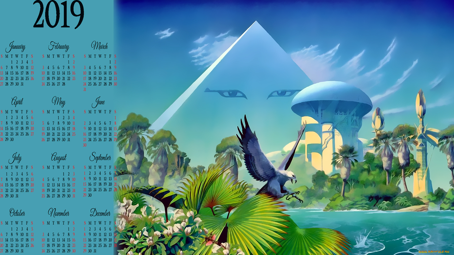 календари, фэнтези, птица, пирамида, глаза, природа, calendar, 2019