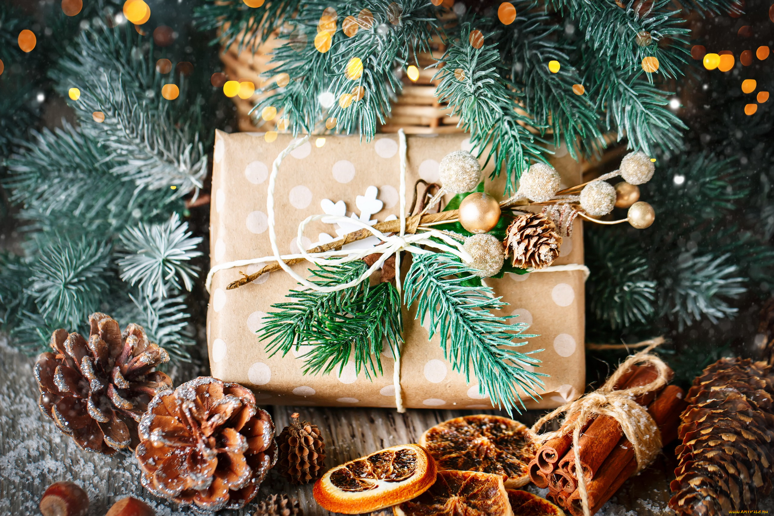 праздничные, подарки, и, коробочки, корица, подарок, шишки, сосновые, ветки
