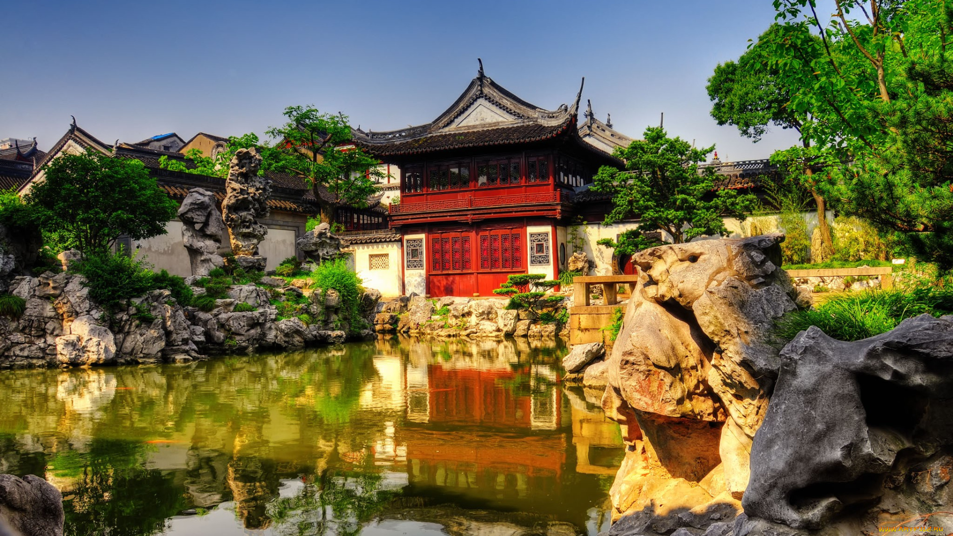 парк, юйян, шанхай, китай, природа, камни, деревья, пруд, пагода