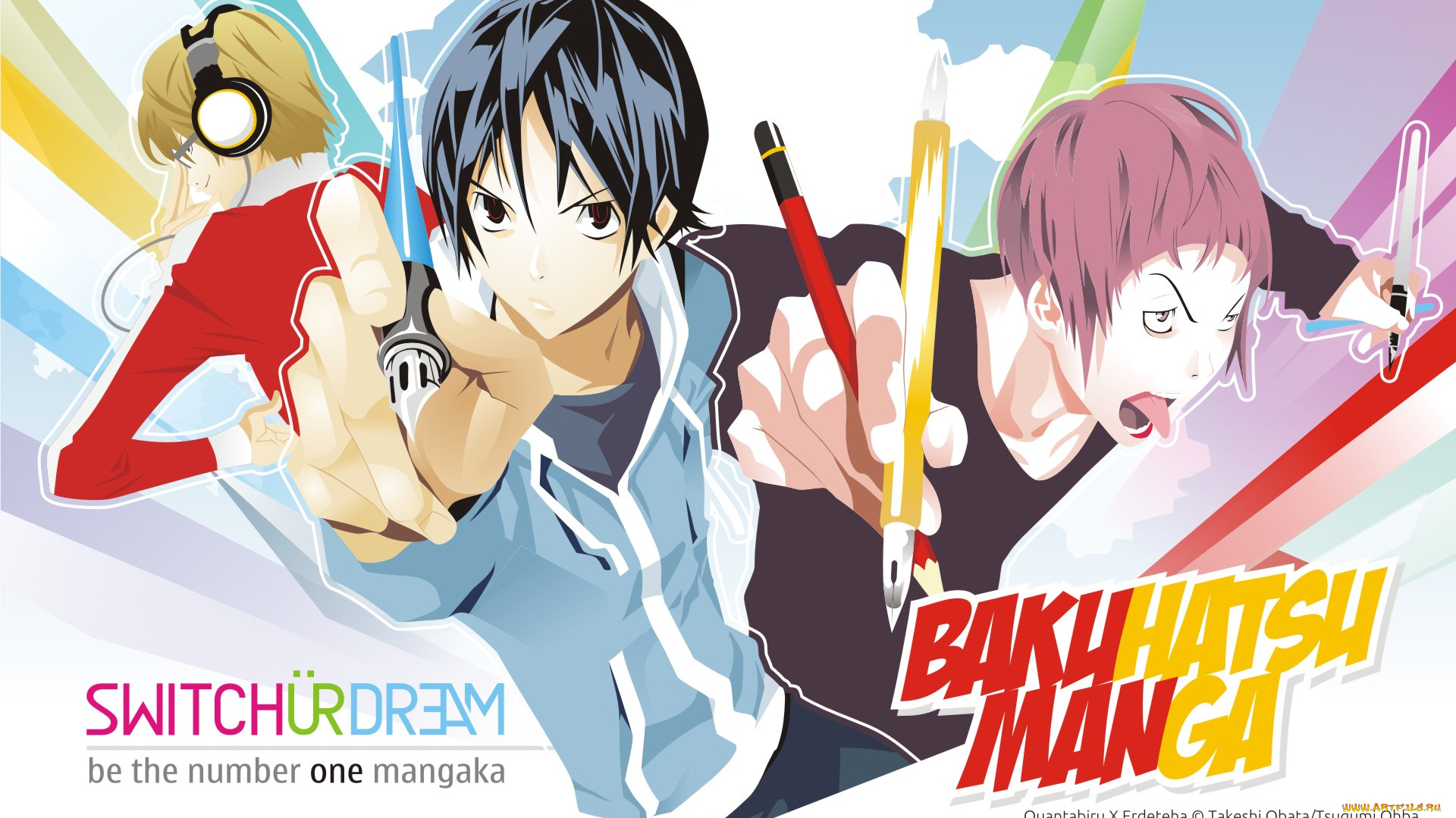 bakuman, аниме, eiji, niizuma, akito, takagi, перьевая, ручка, наушники