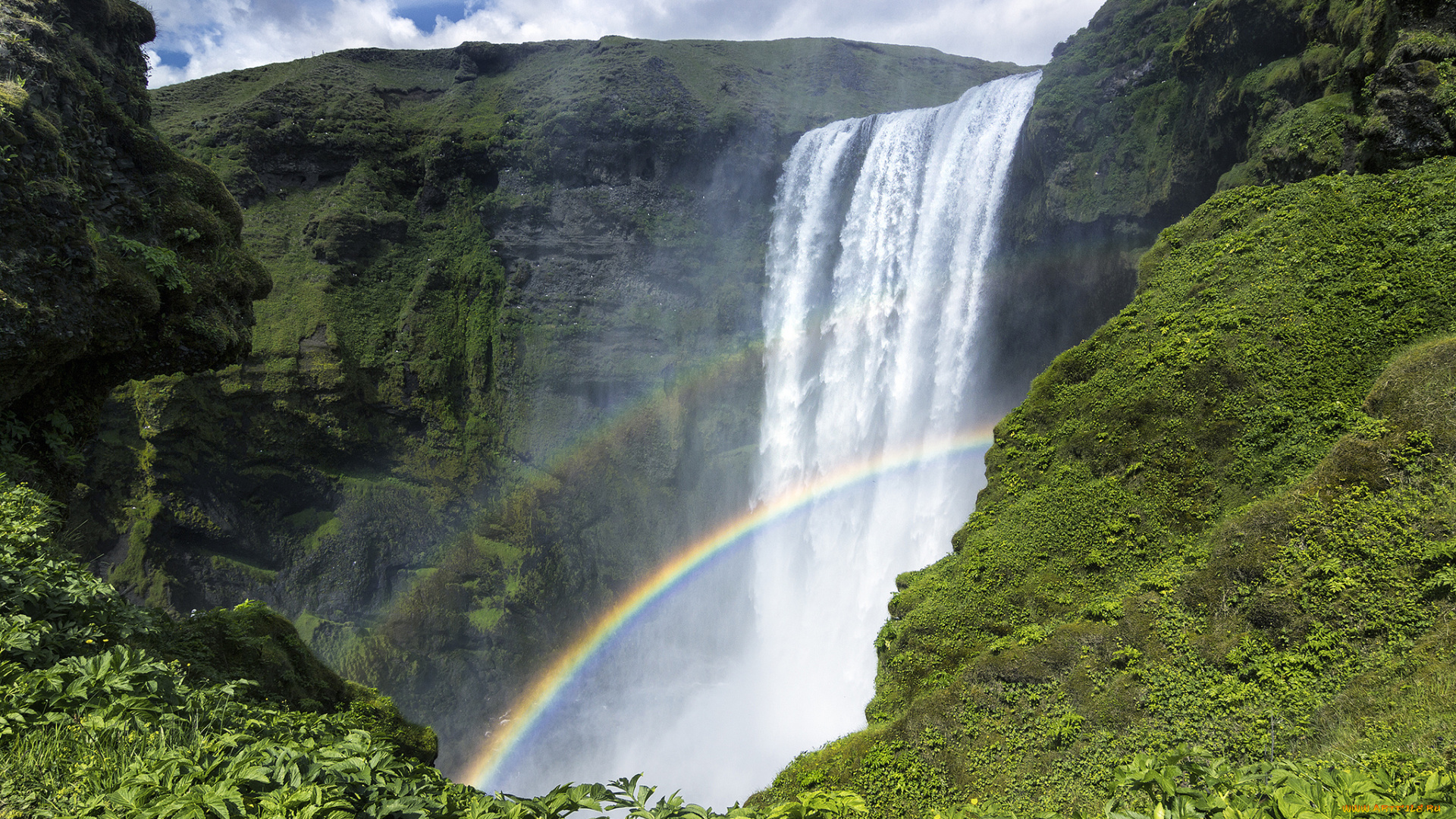 skogafoss, iceland, природа, водопады, скалы, радуга, исландия, водопад, скоугафосс