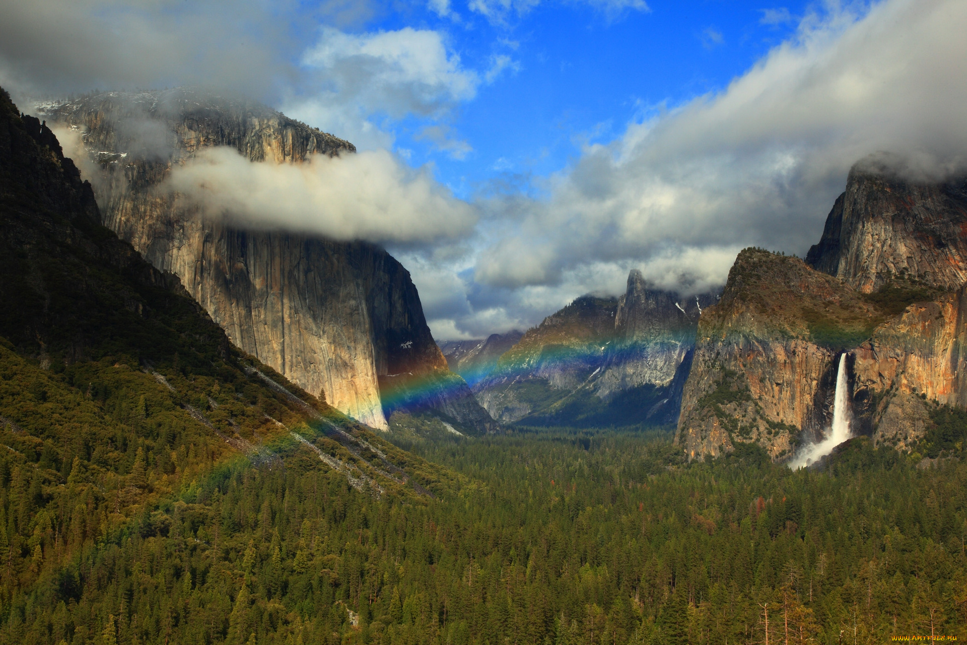 bridalveil, fall, yosemite, national, park, california, природа, водопады, водопад, брайдлвейл, йосемити, горы, радуга, долина