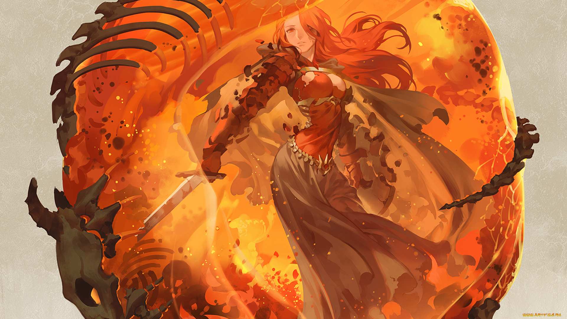 аниме, -weapon, , blood, &, technology, девушка, рыжая, меч, пламя, скелет