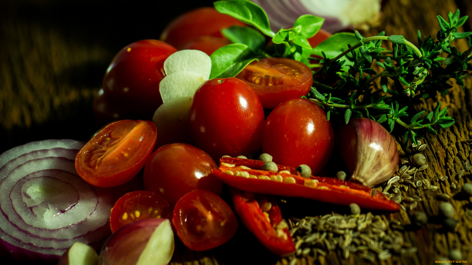 еда, овощи, помидоры, чеснок, лук, перец, зелень, томаты
