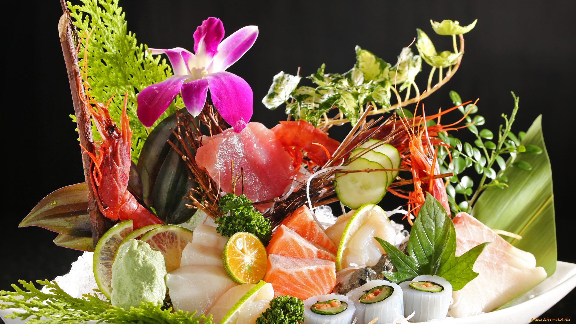 еда, рыба, , морепродукты, , суши, , роллы, морепродукты, цветы, зелень, лайм