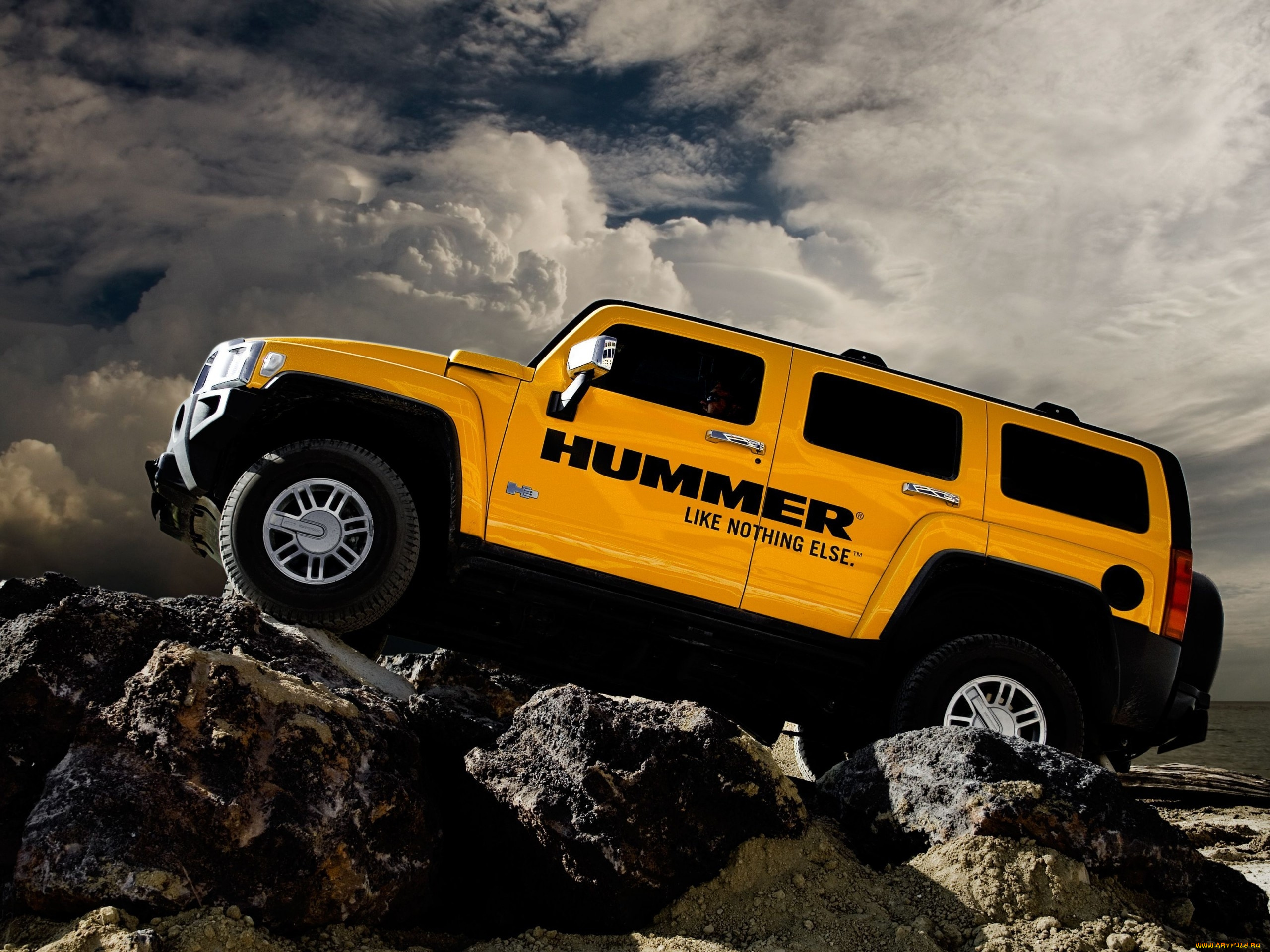 автомобили, hummer, желтый, облака, море, автомобиль, скалы