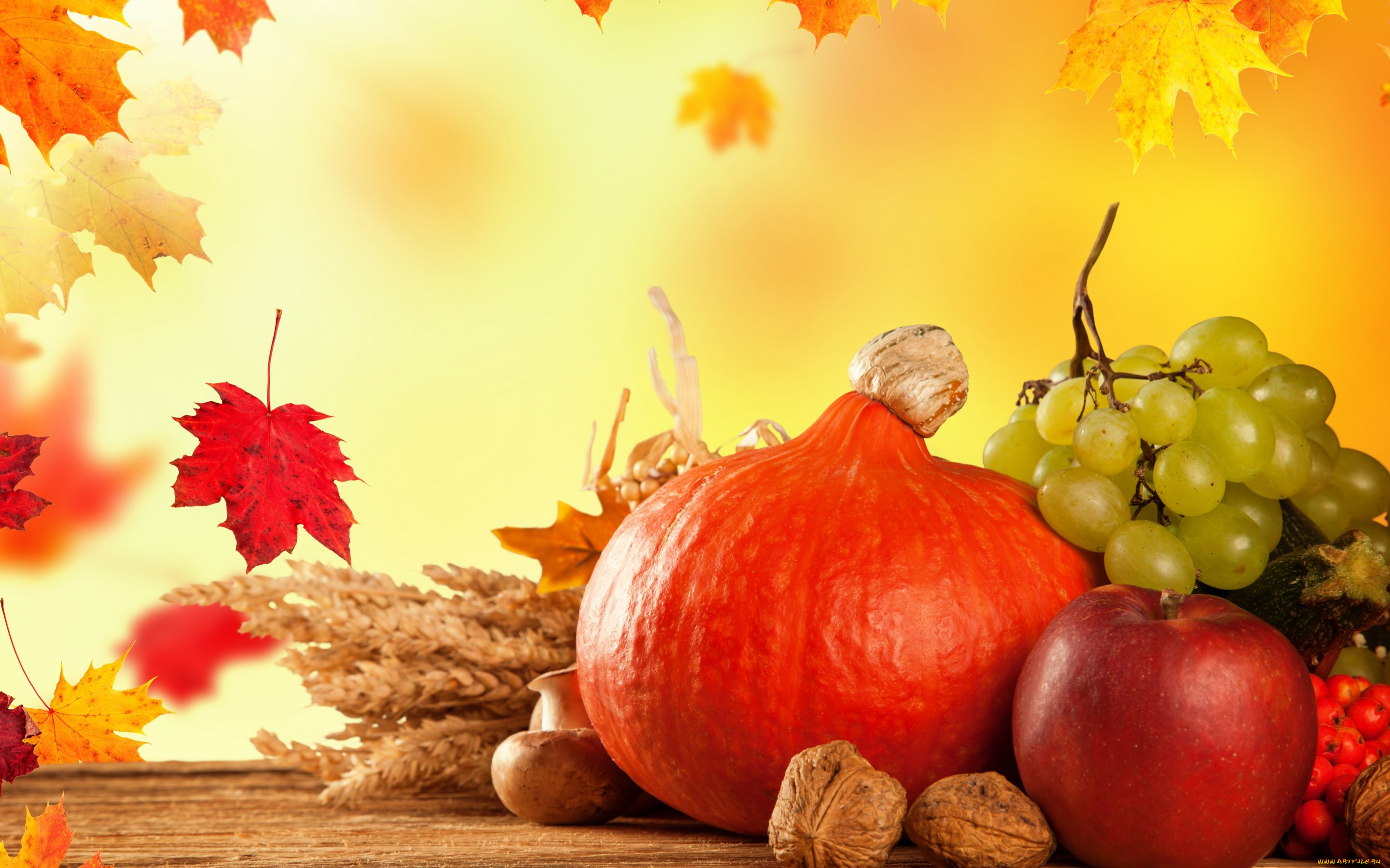 еда, фрукты, и, овощи, вместе, тыква, fruits, виноград, урожай, листья, осень, pumpkin, still, life, autumn, harvest