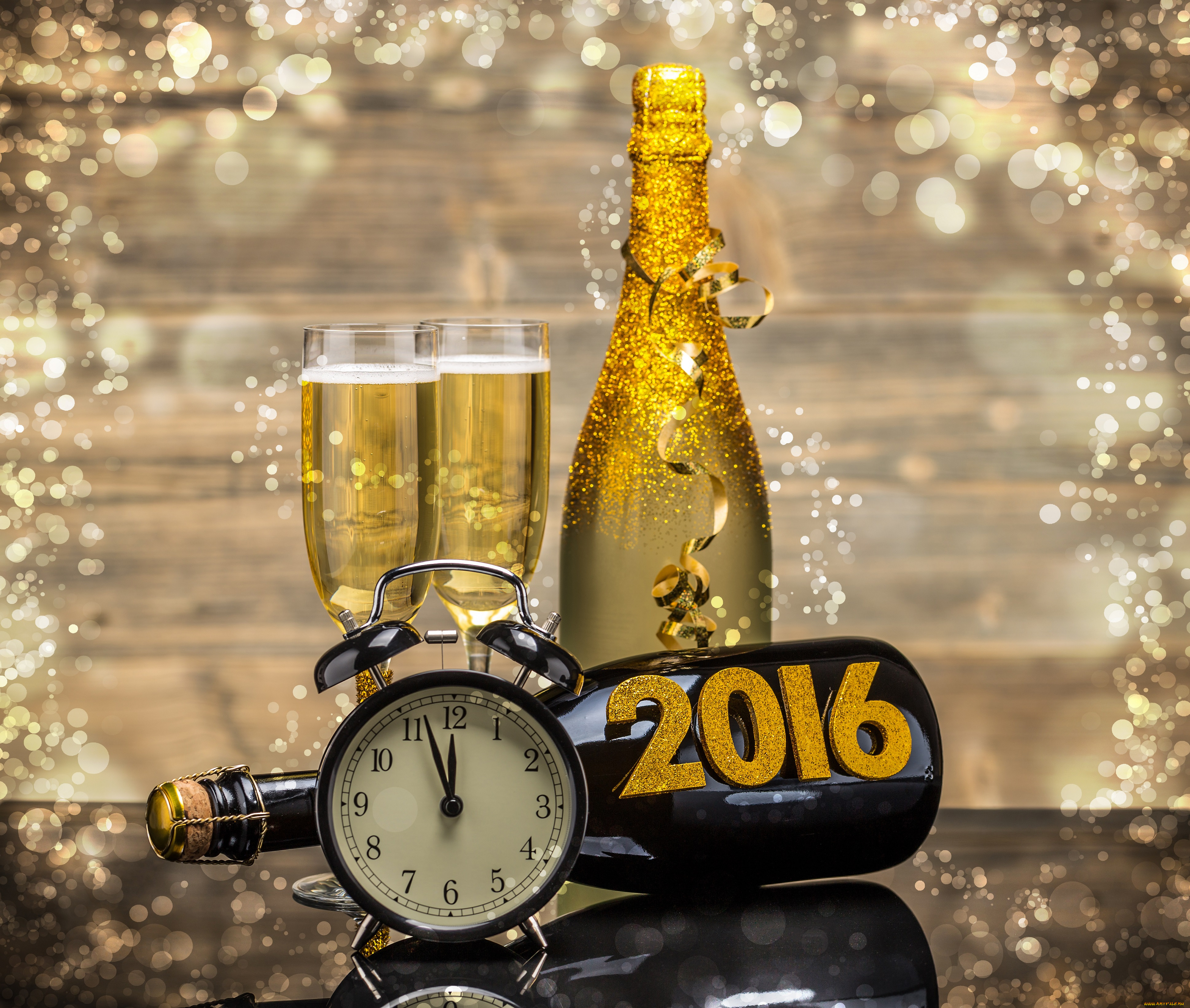 праздничные, угощения, new, year, 2016, happy, бокалы, новый, год, clock, champagne, golden, бутылка, часы, шампанское