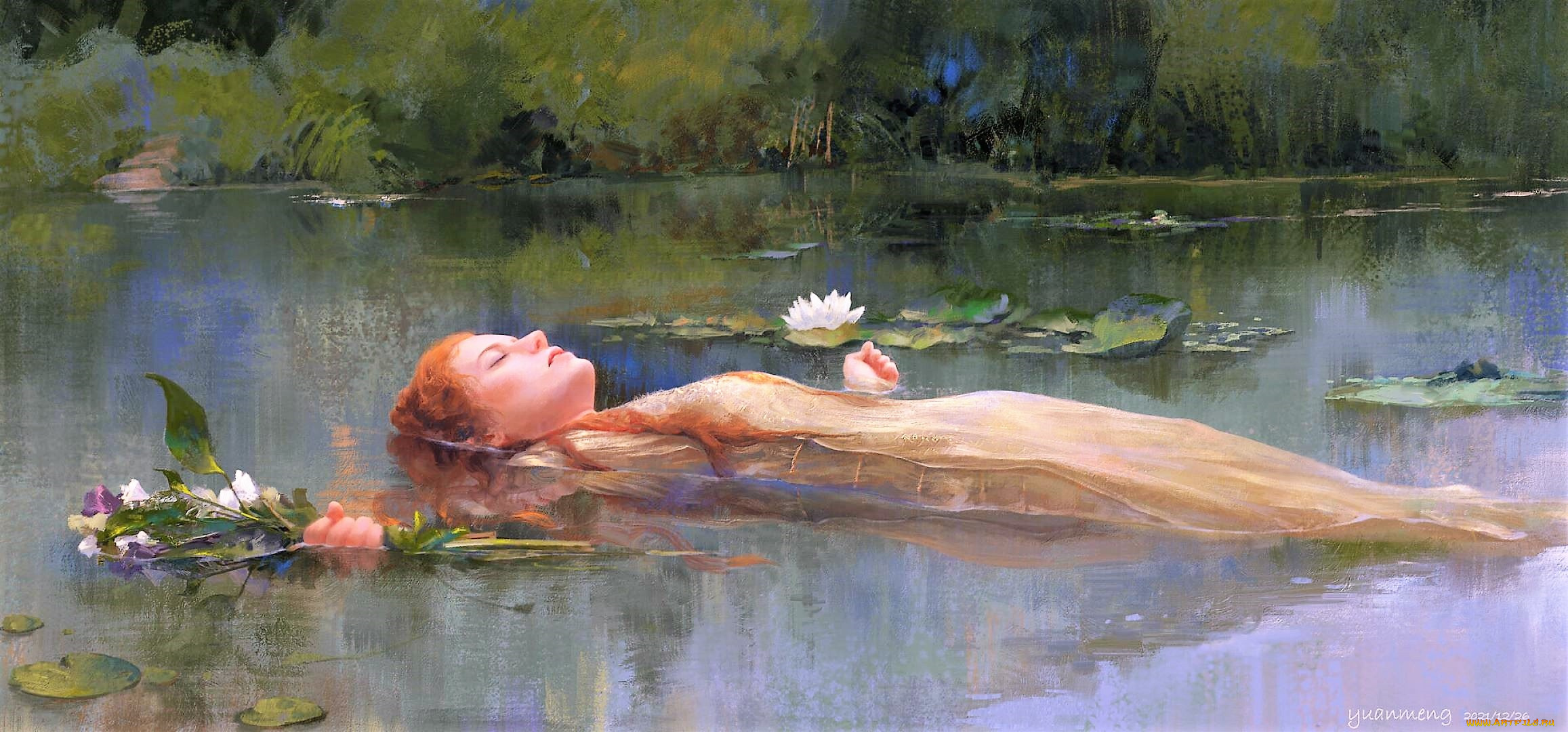 рисованное, живопись, девушка, цветы, озеро