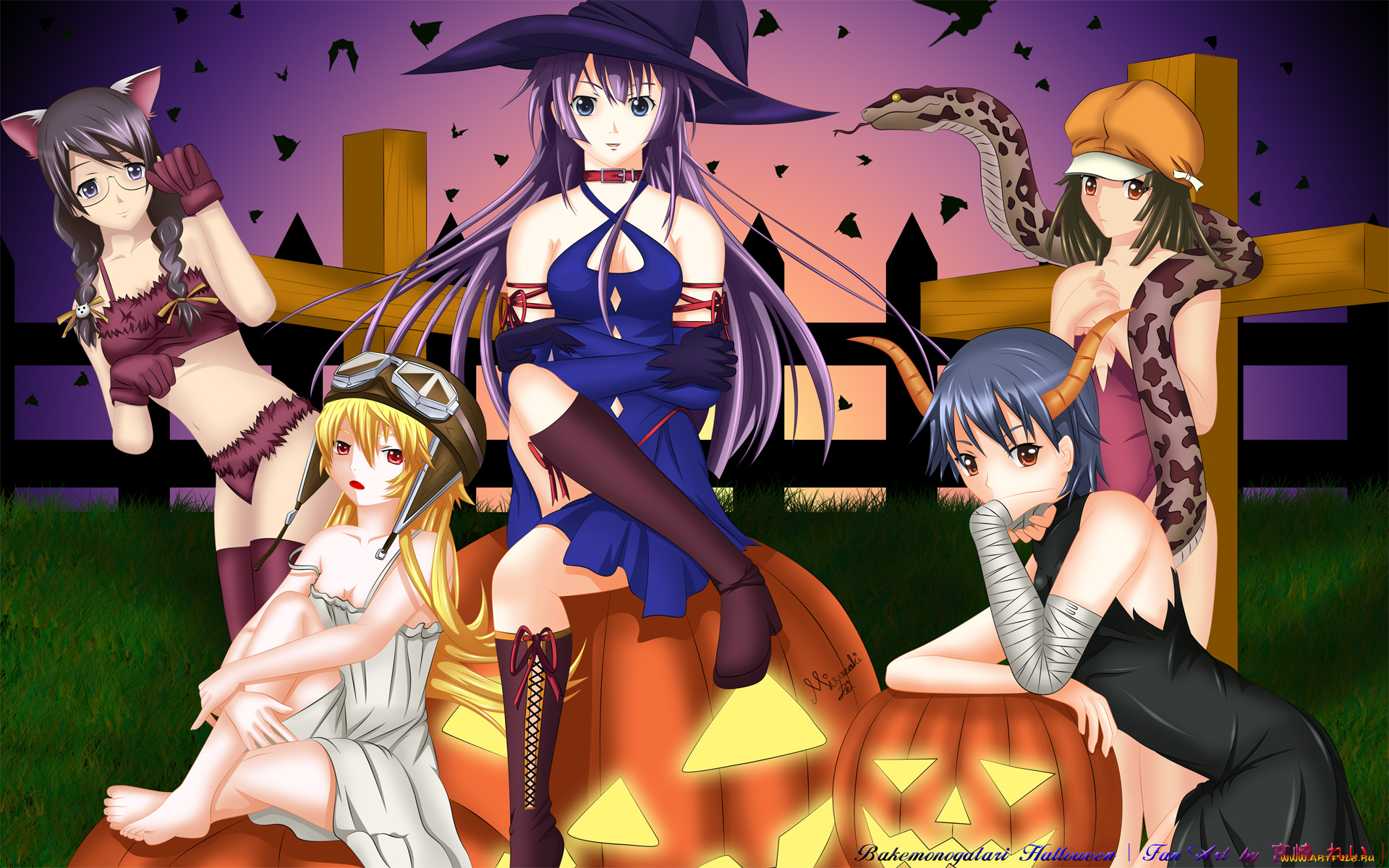 bakemonogatari, аниме, oshino, shinobu, senjougahara, hitagi, kanbaru, suruga, hanekawa, tsubasa, sengoku, nadeko, девушки, halloween, змея, шляпа, рога, шлем, ушки, платье, бинт, тыква, летучие, мыши