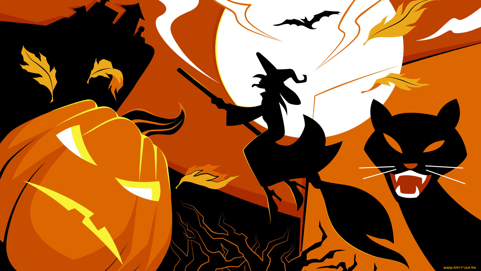 праздничные, хэллоуин, замок, луна, злая, кошка, перья, ведьма, метла