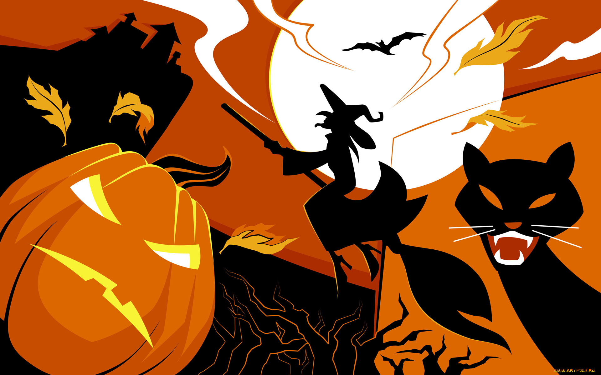 праздничные, хэллоуин, замок, луна, злая, кошка, перья, ведьма, метла