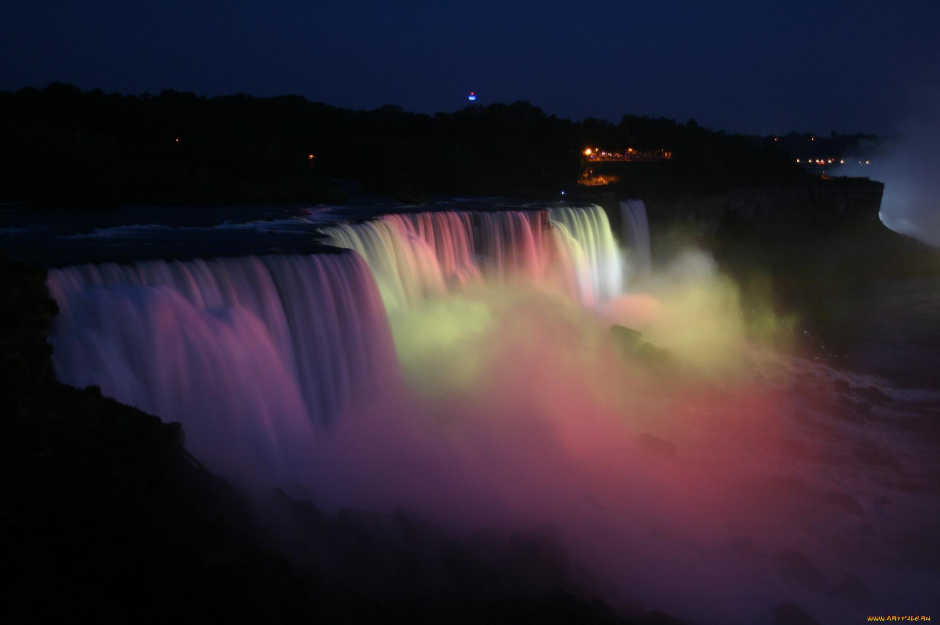 природа, водопады, подсветка, ночь