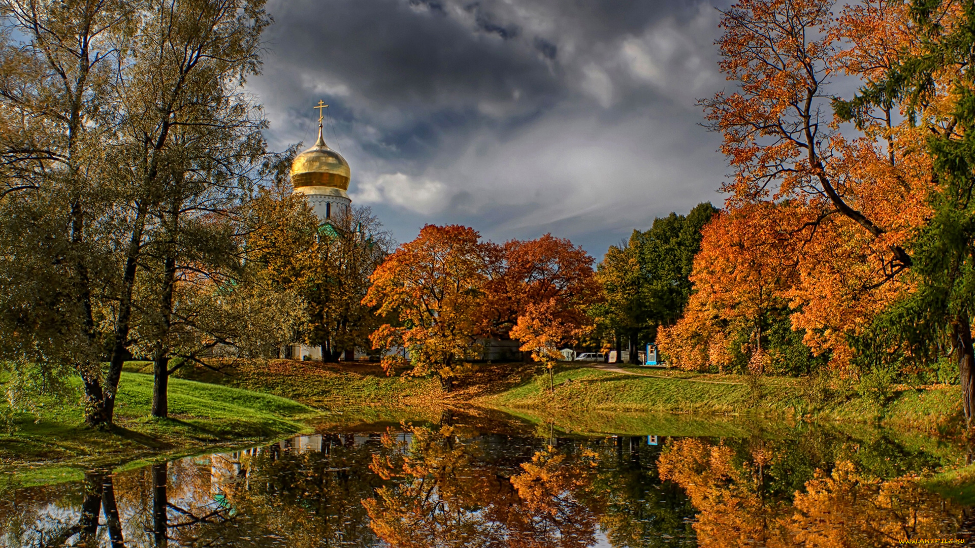 феодоровский, собор, пушкин, города, санкт, петербург, петергоф, россия, пруд, храм, парк, осень, деревья