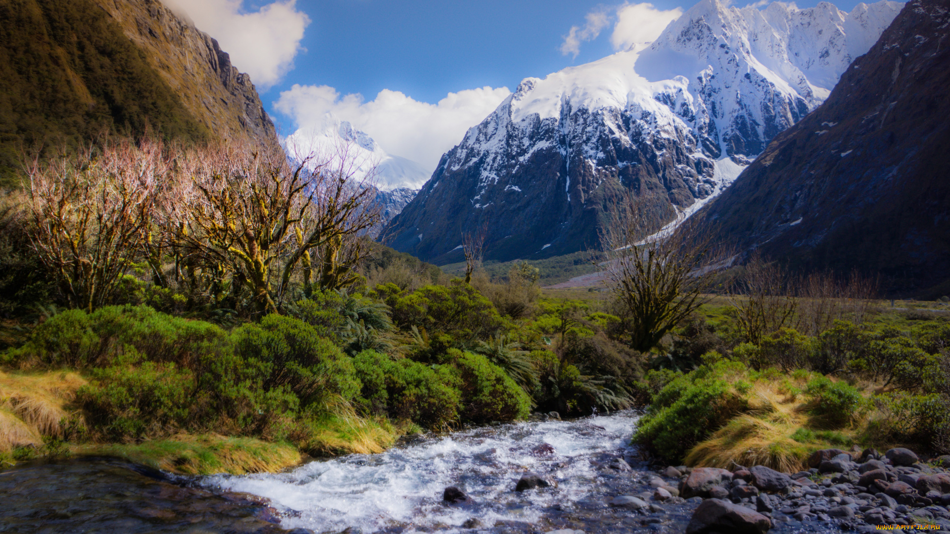 природа, горы, новая, зеландия, милфорд