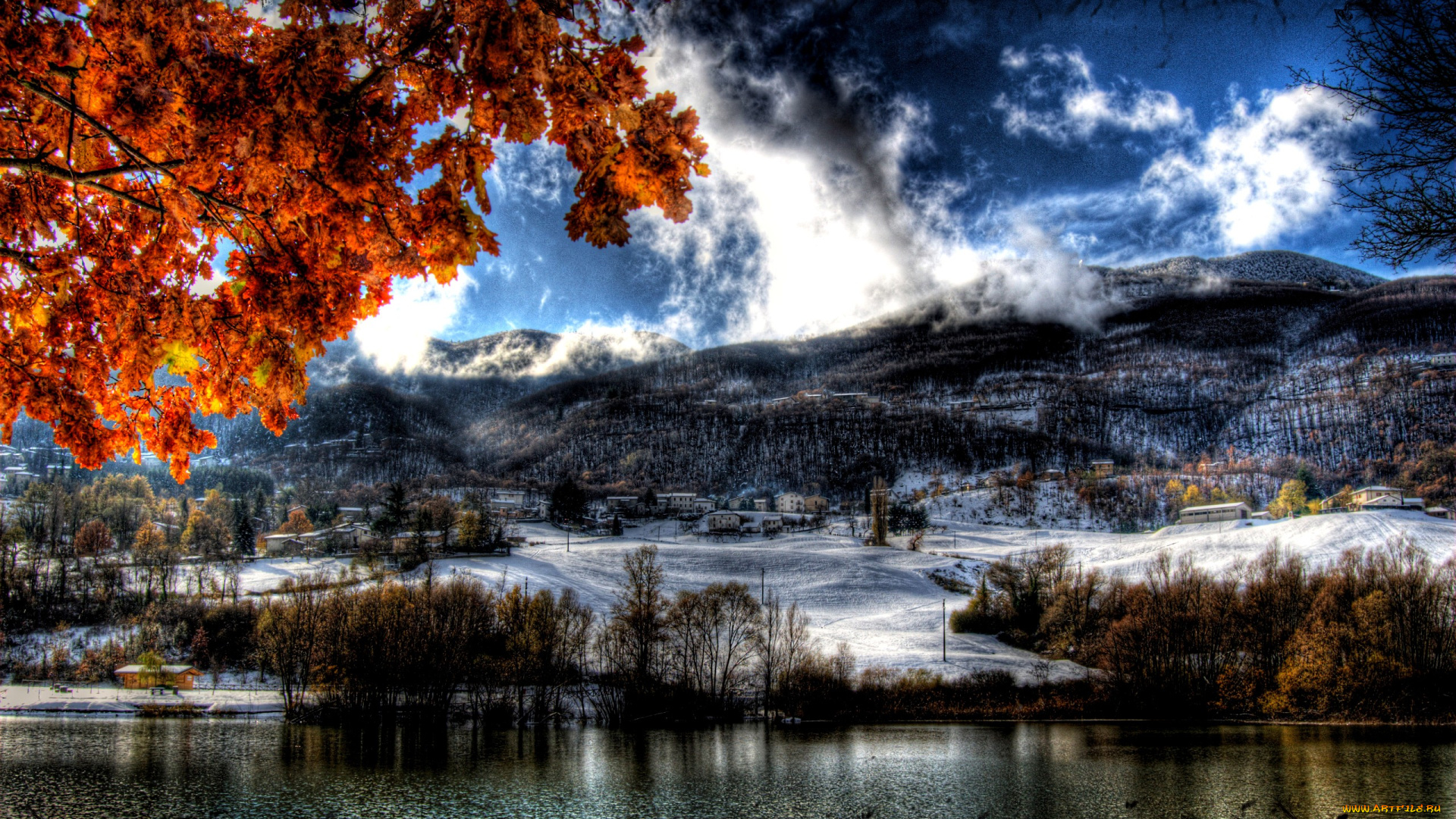 природа, зима, река, снег, трава, поселок, горы