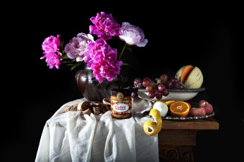 Картинка еда натюрморт арахисовое масло лимон персики букет пионы виноград дыня