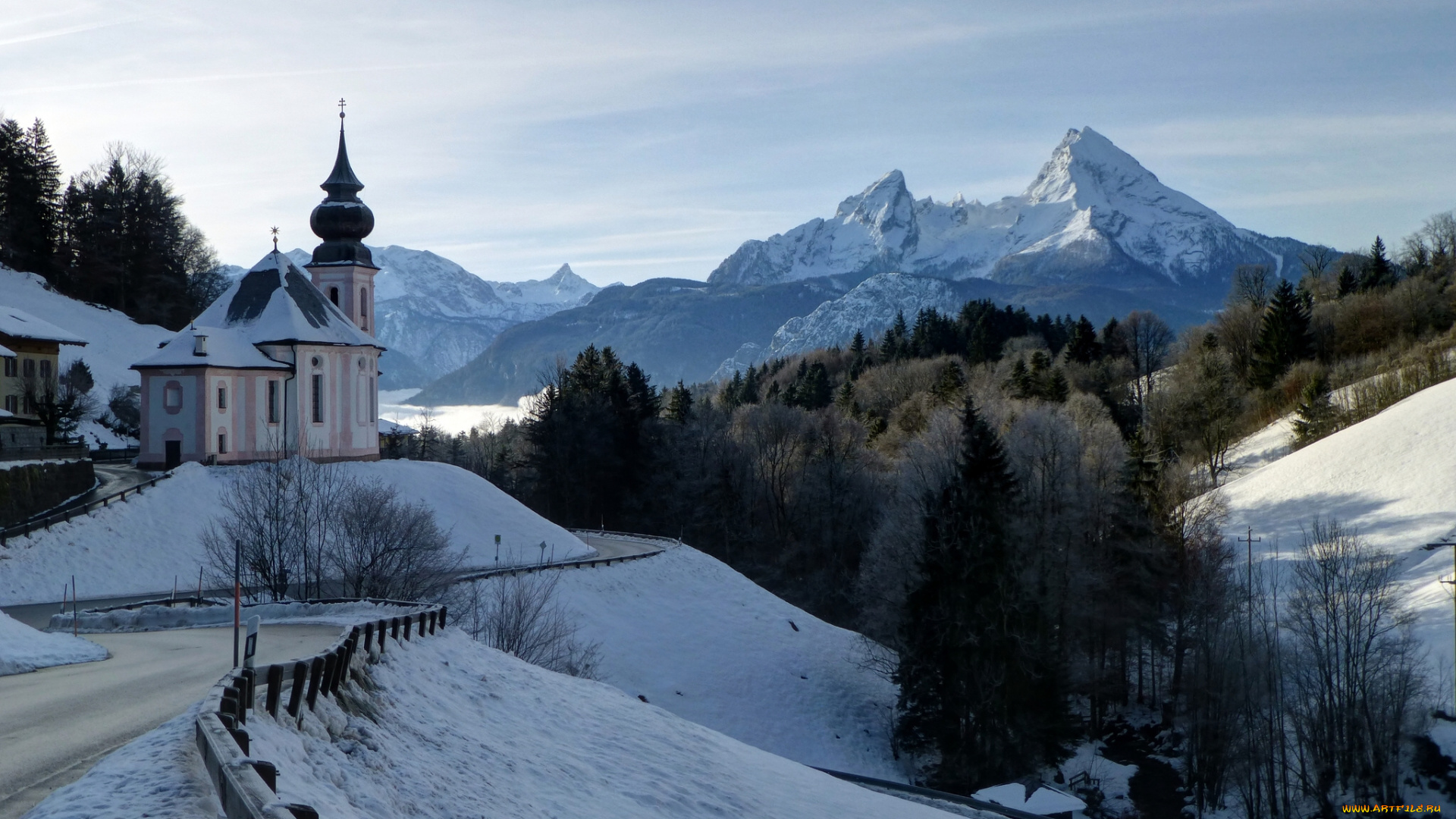 maria, gern, church, berchtesgaden, germany, города, католические, соборы, костелы, аббатства, bavaria, bavarian, alps, mount, watzmann, церковь, мария, герн, берхтесгаден, бавария, германия, баварские, альпы, гора, вацманн, горы, зима, дорога, лес, пейзаж