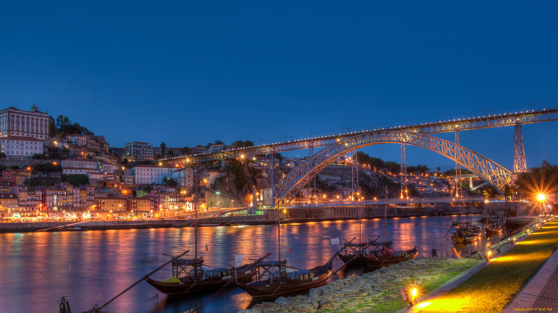 porto, portugal, города, огни, ночного, дома, ночь, мост, река