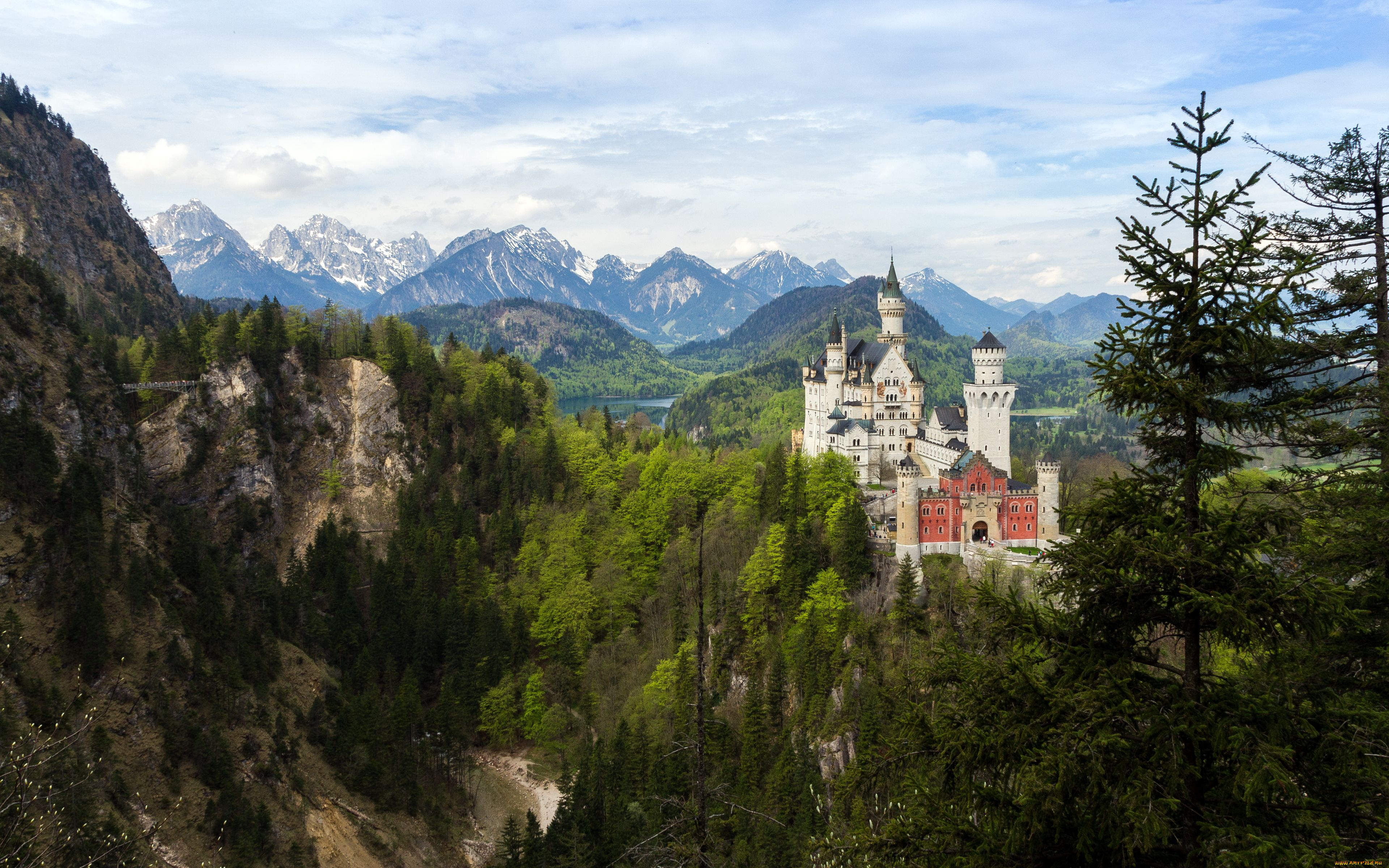 neuschwanstein, castle, bavaria, germany, города, замок, нойшванштайн, германия, лес, горы, пейзаж, деревья, бавария