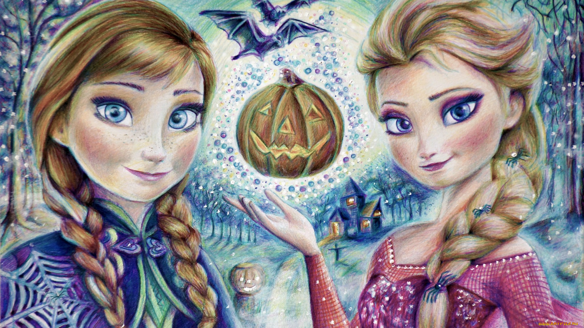 рисованное, кино, elsa, холодное, сердце, halloween, frozen, девушки, хэллоуин, snow, queen, anna, тыква