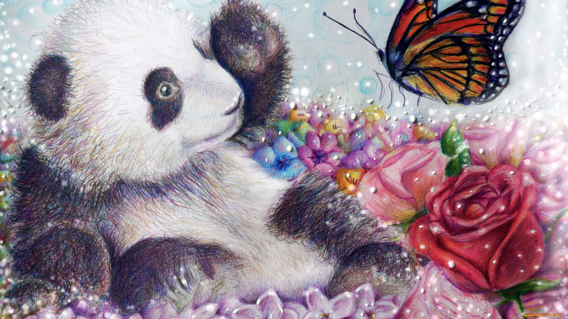 рисованное, животные, , панды, роза, цветы, бабочка, арт, медведь, панда