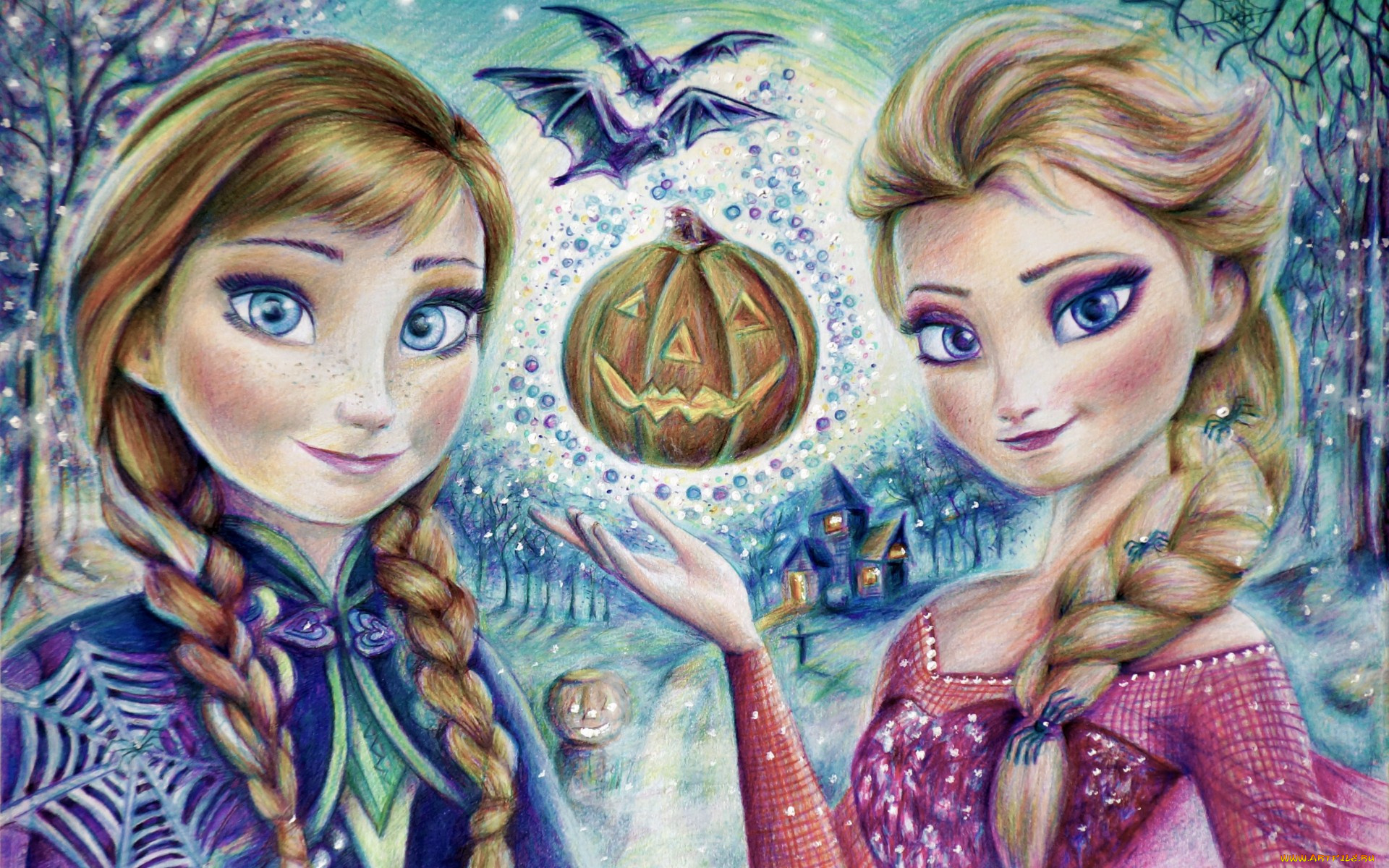 рисованное, кино, elsa, холодное, сердце, halloween, frozen, девушки, хэллоуин, snow, queen, anna, тыква