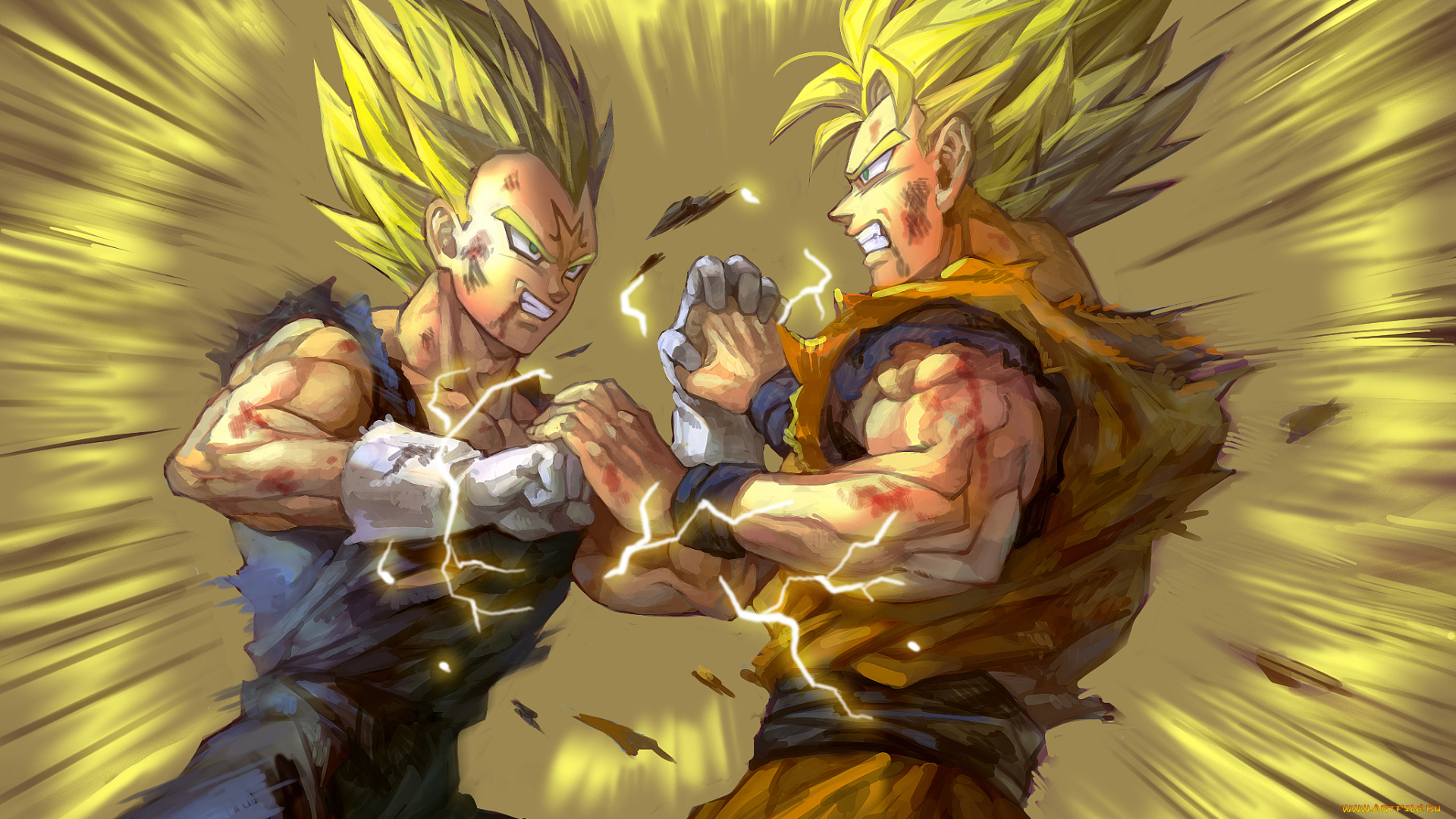 аниме, dragon, ball, anime, art, dragon, ball, son, gokuu, vegeta, битва, парни