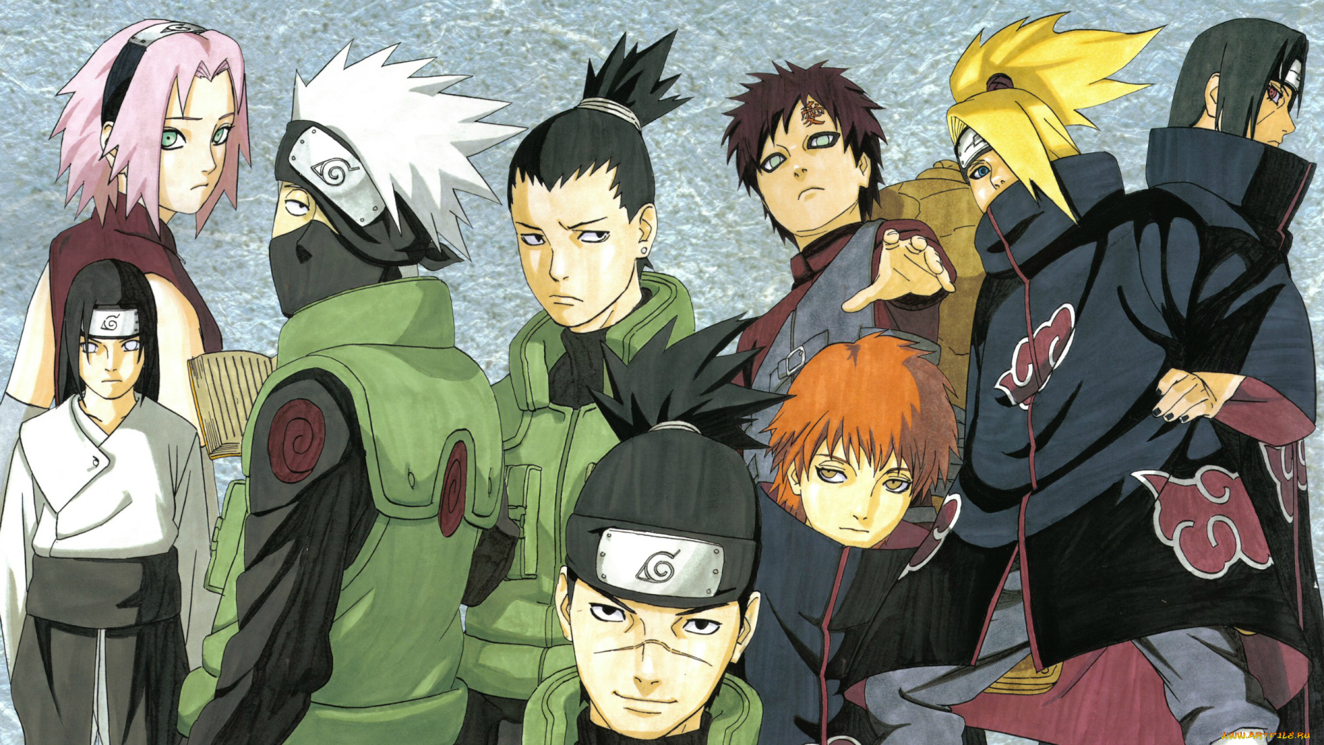 аниме, naruto, art, жест, akatsuki, deidara, itachi, uchiha, sasori, neji, hyuuga, shikamaru, gaara, sakura, взгляд, повязка, hatake, kakashi, шрам, iruka, umino, ninja, masashi, kishimoto