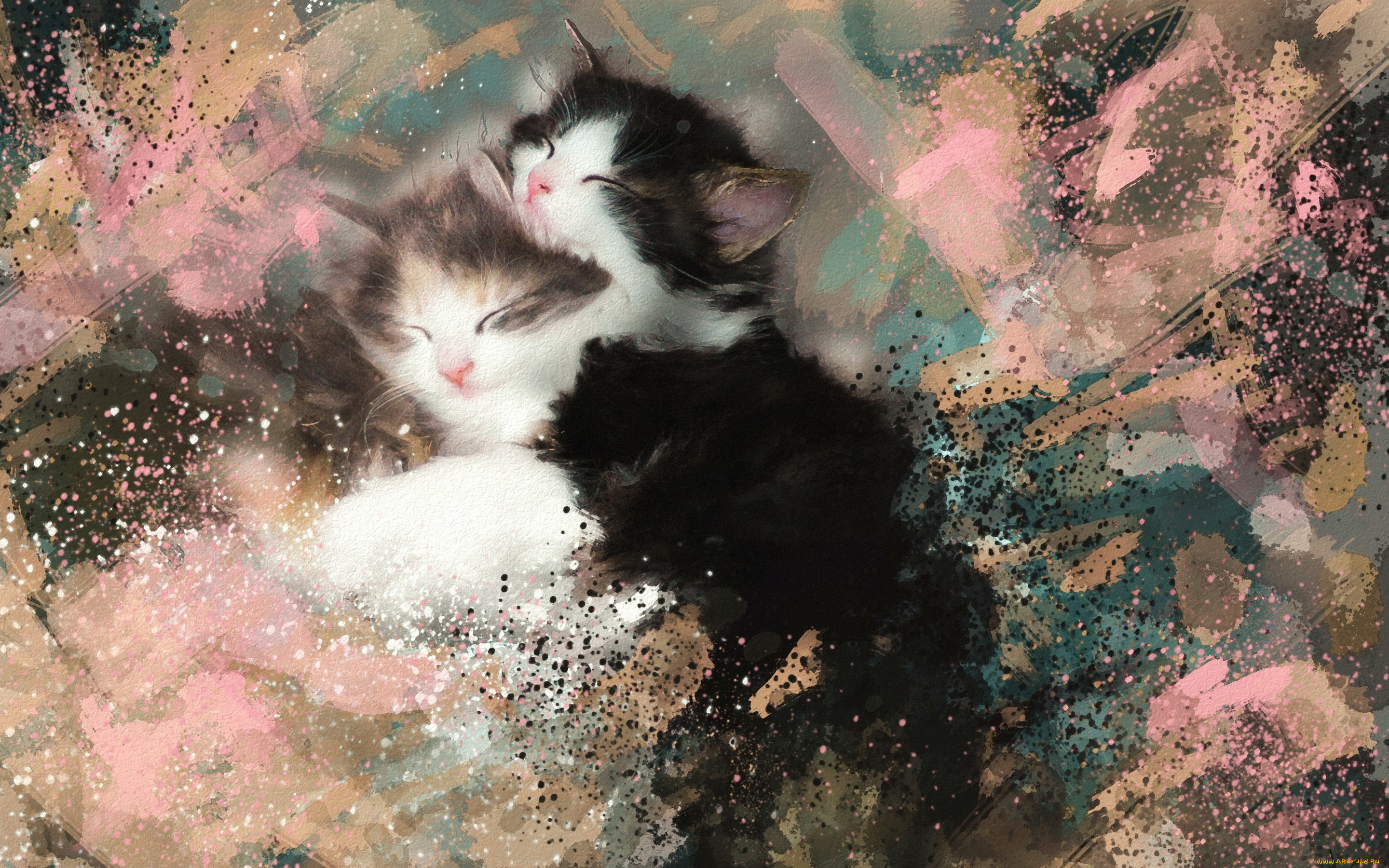 рисованное, животные, , коты, мазки, акварель, картина, черно-белые, пушистые, спят, котята