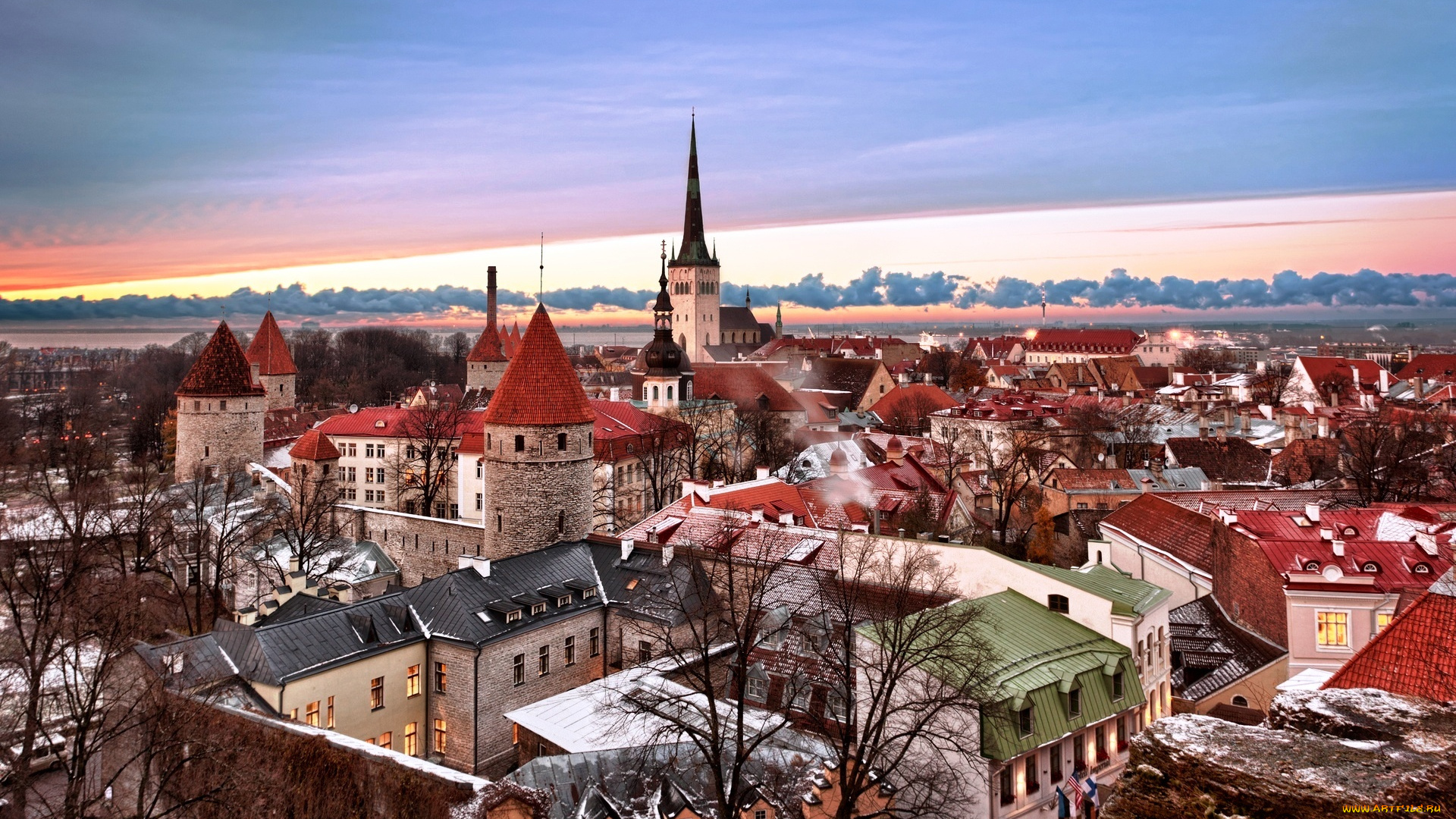 города, таллин, , эстония, небо, зима, здания, дома, закат, панорама, город