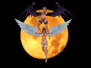 Картинка 3д+графика существа+ creatures девушки взгляд фон демон ангел луна