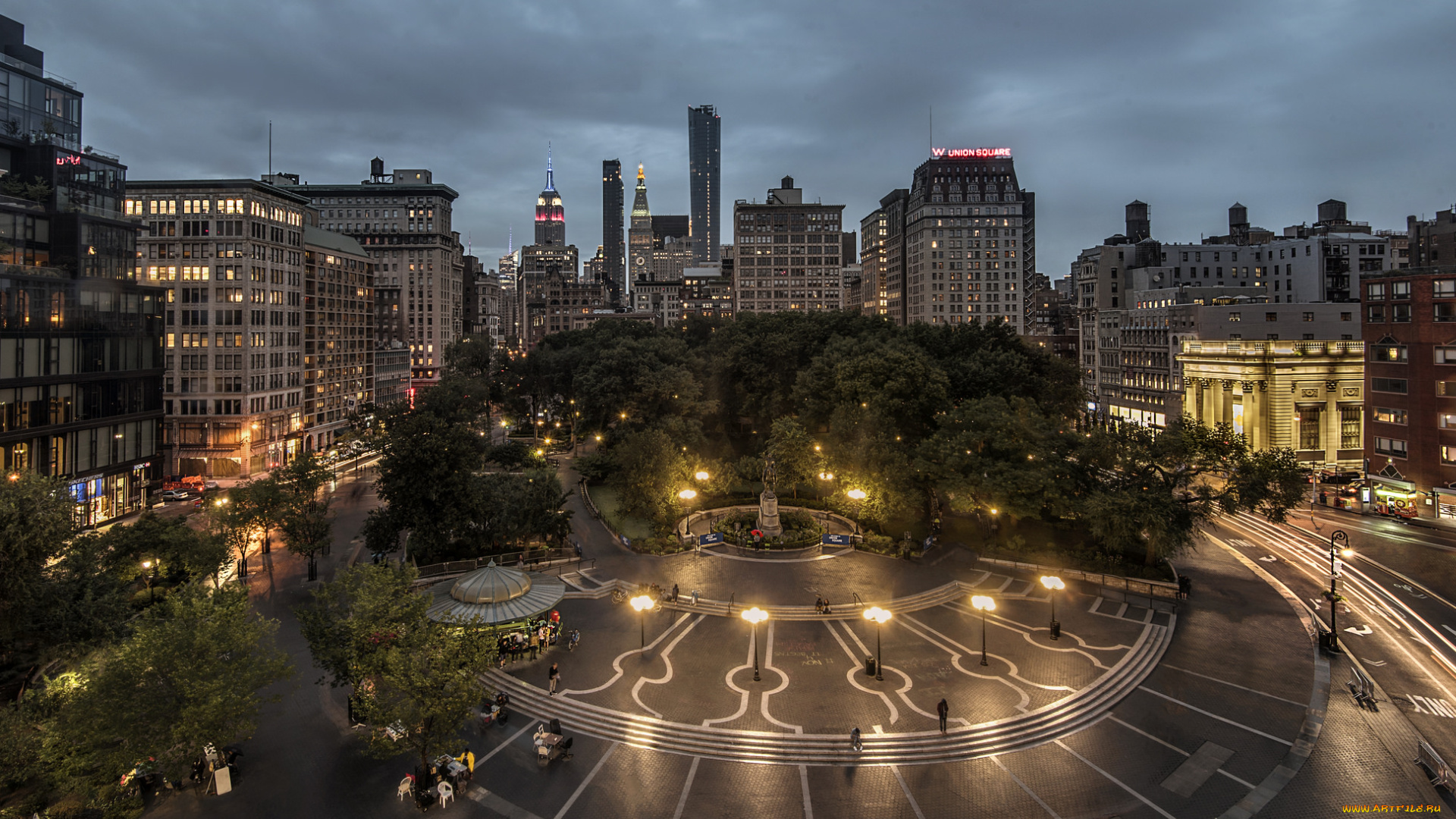 union, square, города, нью-йорк, , сша, парк, огни, ночь