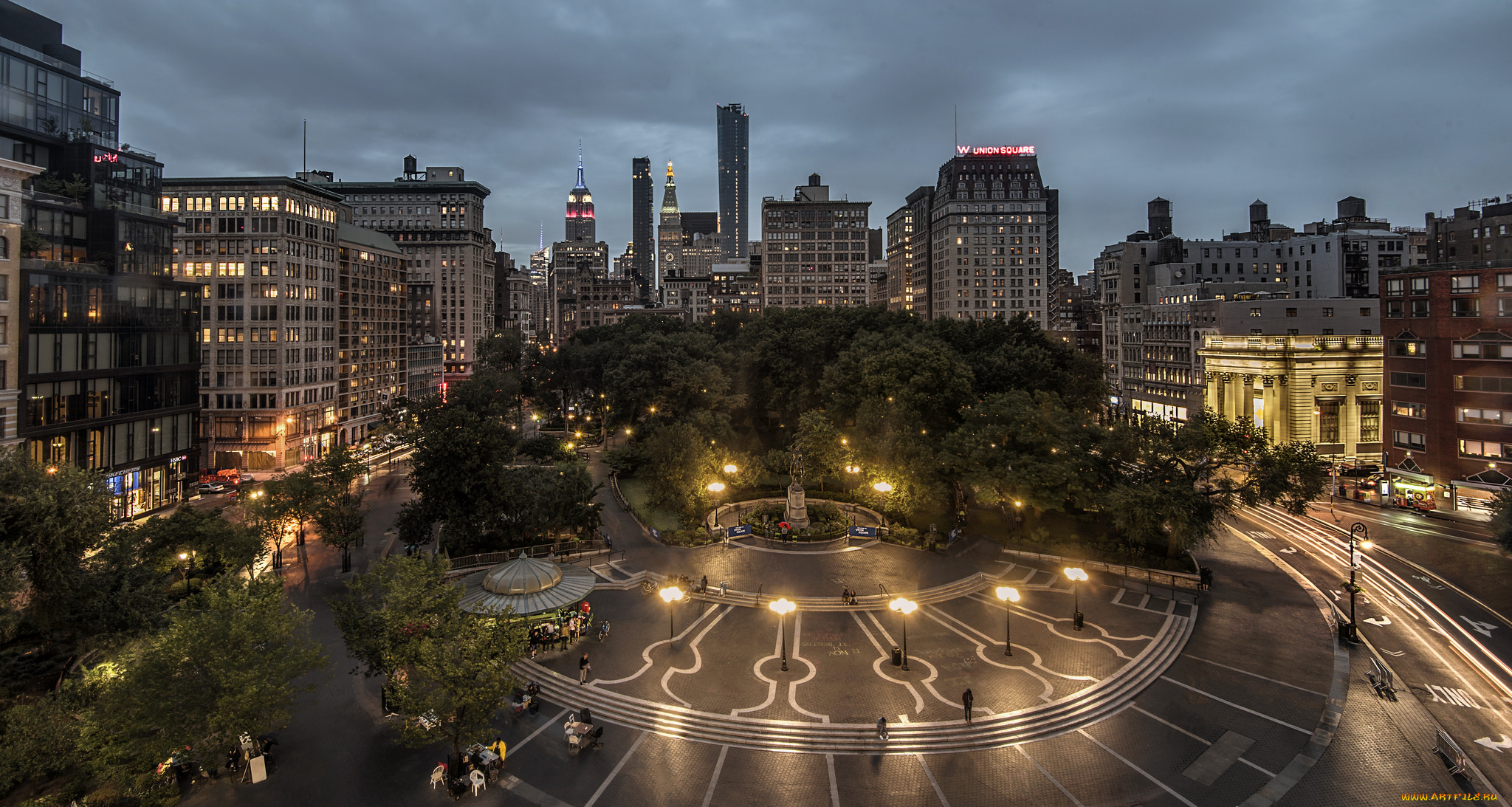 union, square, города, нью-йорк, , сша, парк, огни, ночь