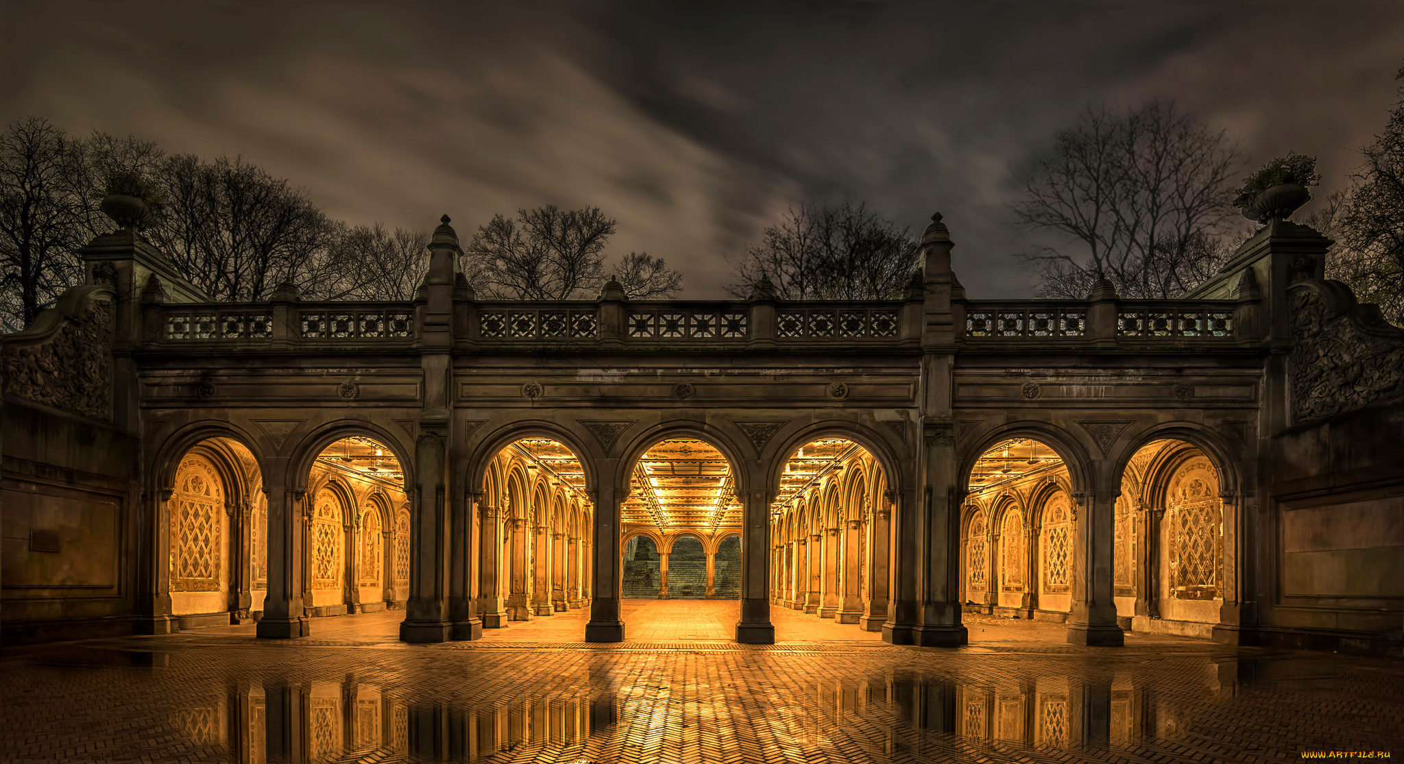 bethesda, terrace-central, park, города, нью-йорк, , сша, огни, ночь