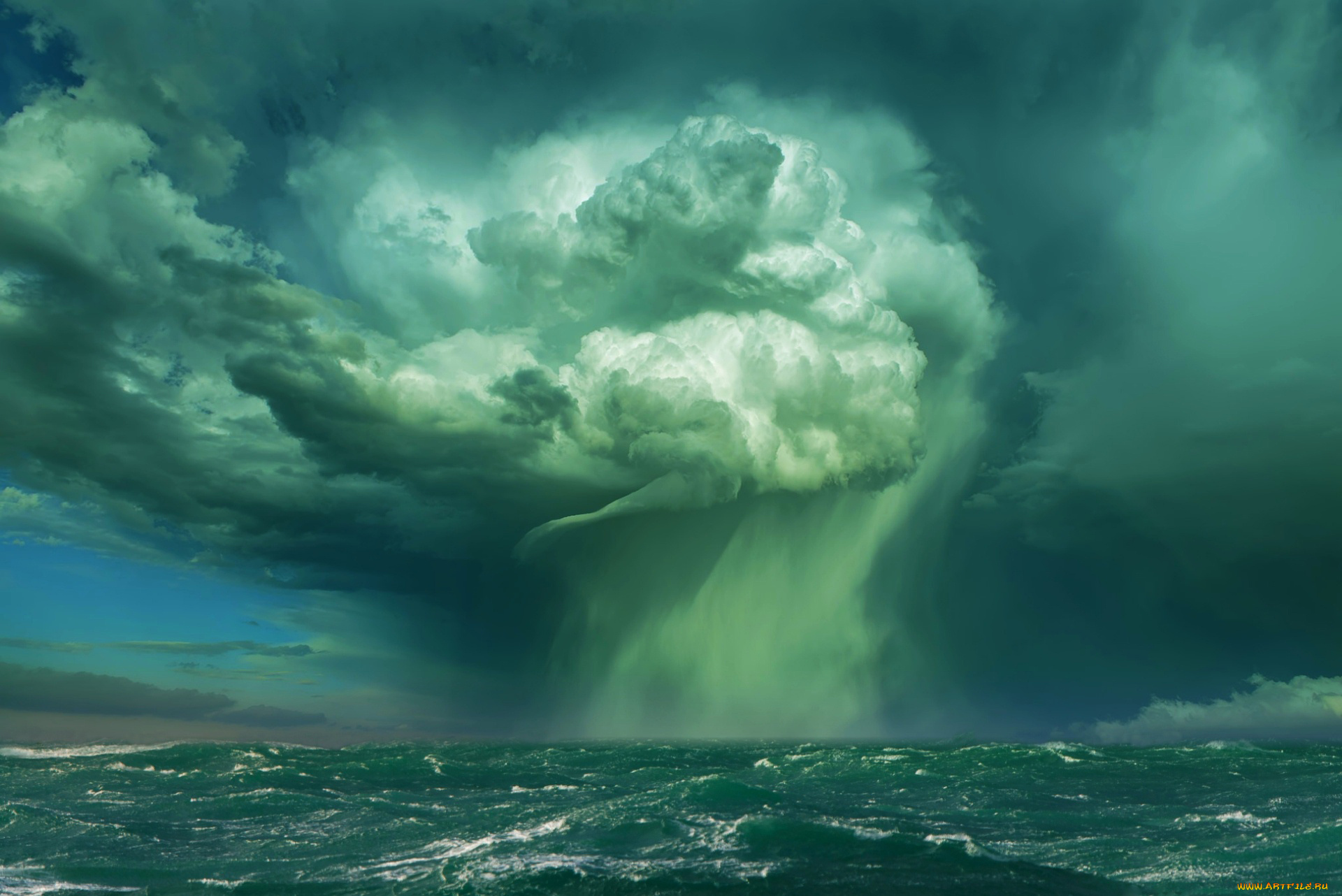 природа, стихия, смерч, шторм, волна, буря, брызги, мощь, ураган, непогода, ветер, сила, океан, море, вода, облака, тучи, бирюза