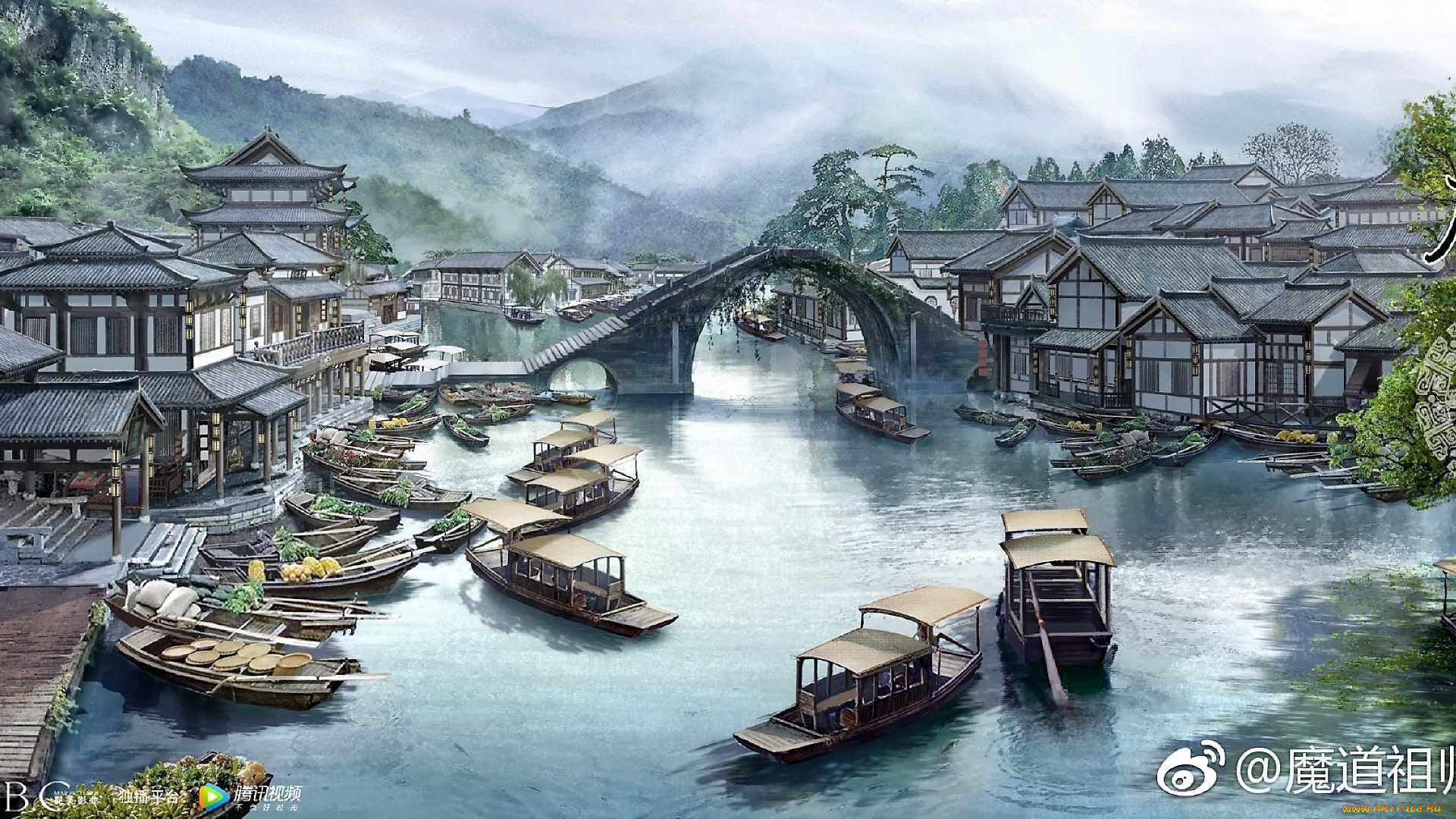 аниме, mo, dao, zu, shi, город, горы, мосты, лодки, река