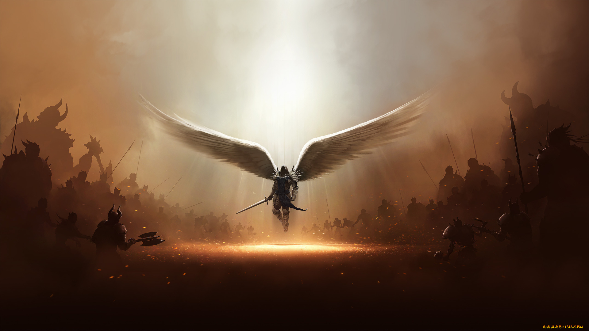 видео, игры, diablo, iii, ангел, крылья, меч, свет, битва