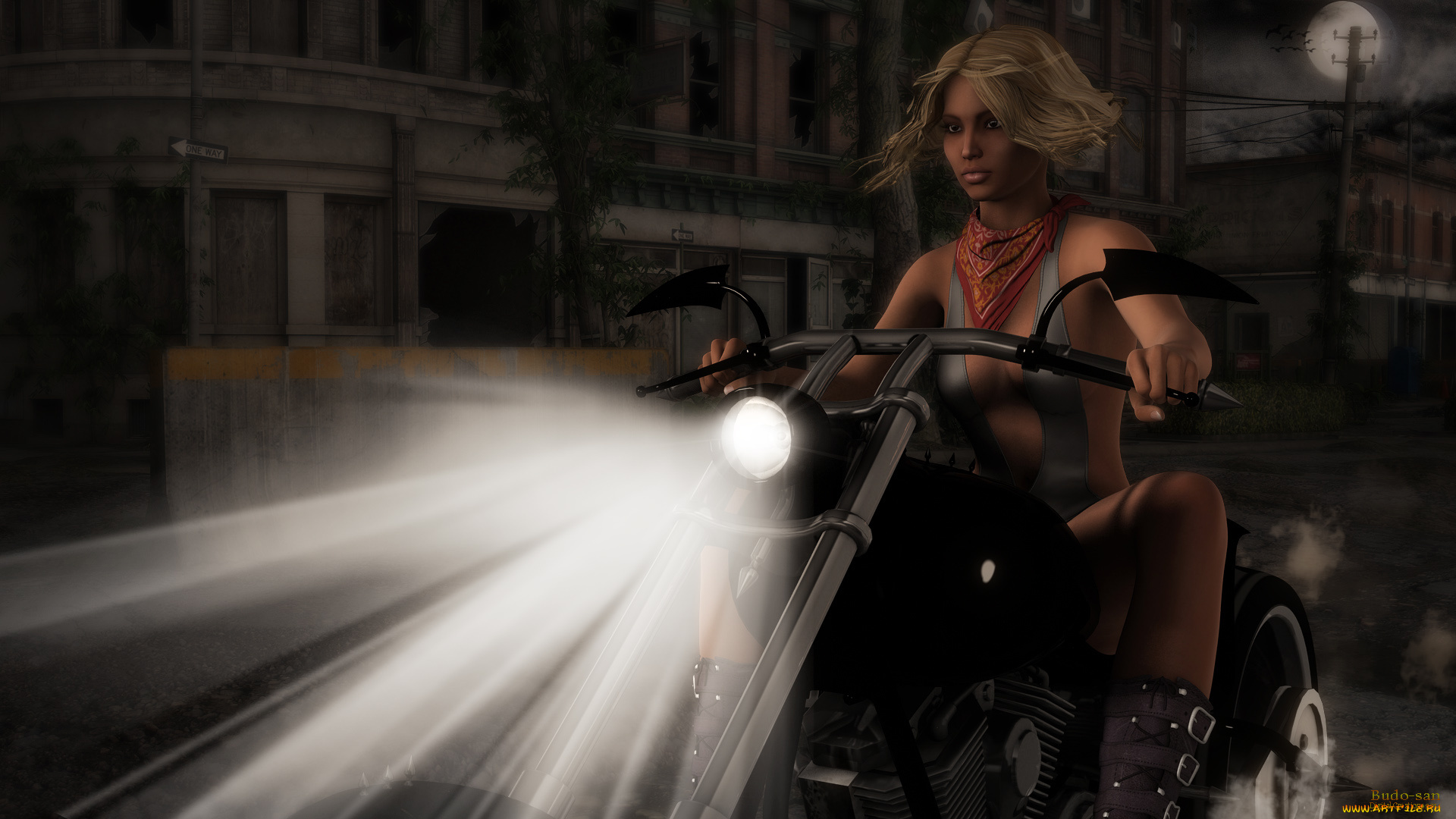 мотоциклы, 3d, девушка, взгляд, фон, мотоцикл, фара, свет
