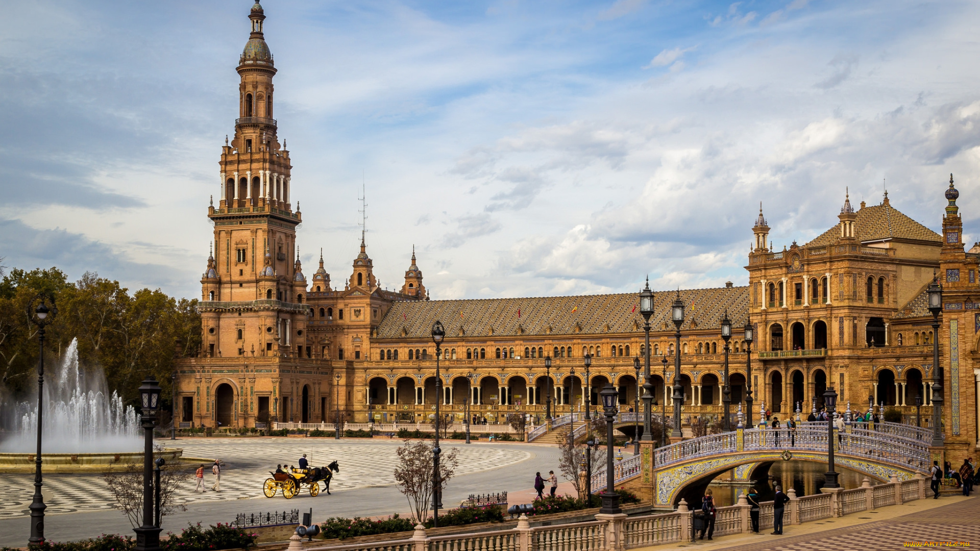 plaza, de, espa&, 241, , sevilla, города, севилья, , испания, площадь, мост, здания