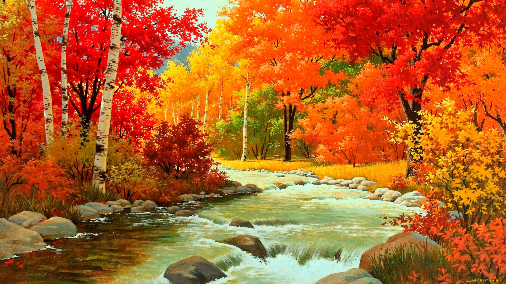 рисованное, природа, осень, кусты, камни, вода, река, лес, листва