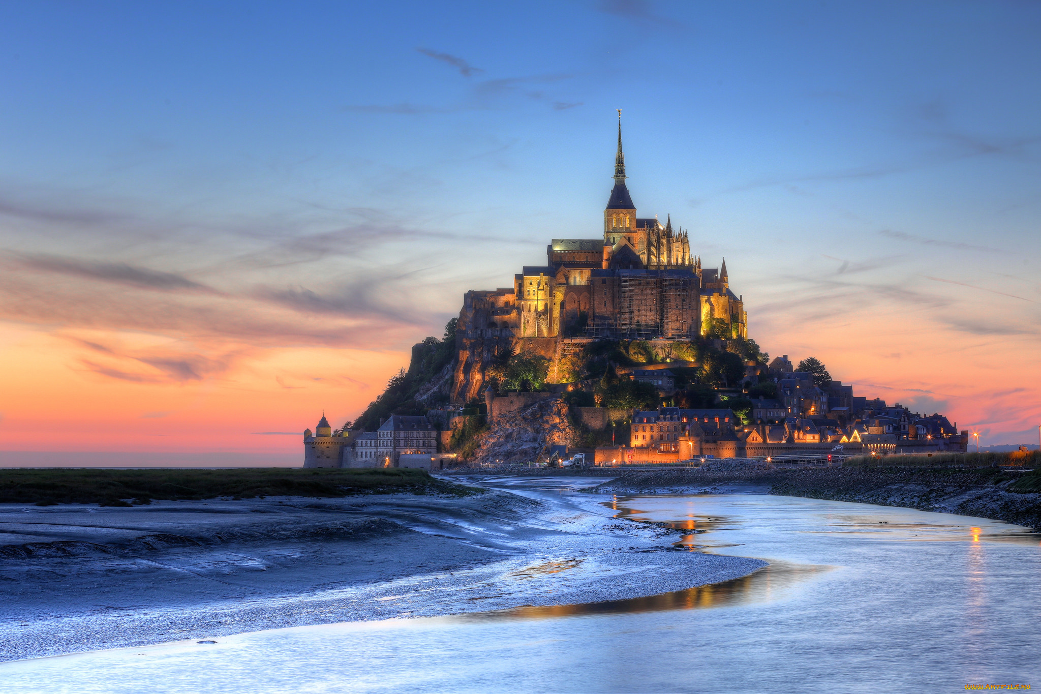 night, at, mont, saint-michel, города, крепость, мон-сен-мишель, , франция, ночь, крепость, остров, побережье