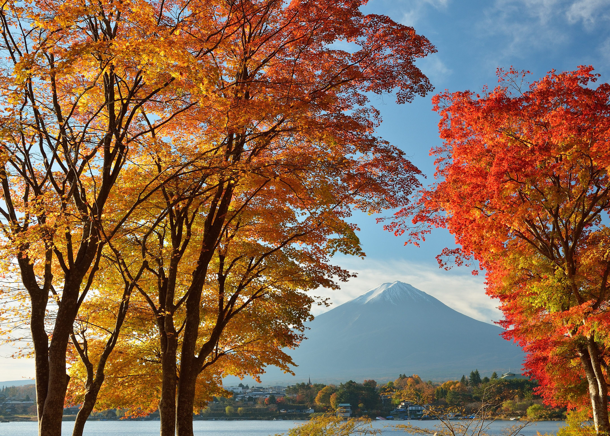 природа, деревья, Япония, дома, листья, осень, озеро, небо, гора, фудзияма