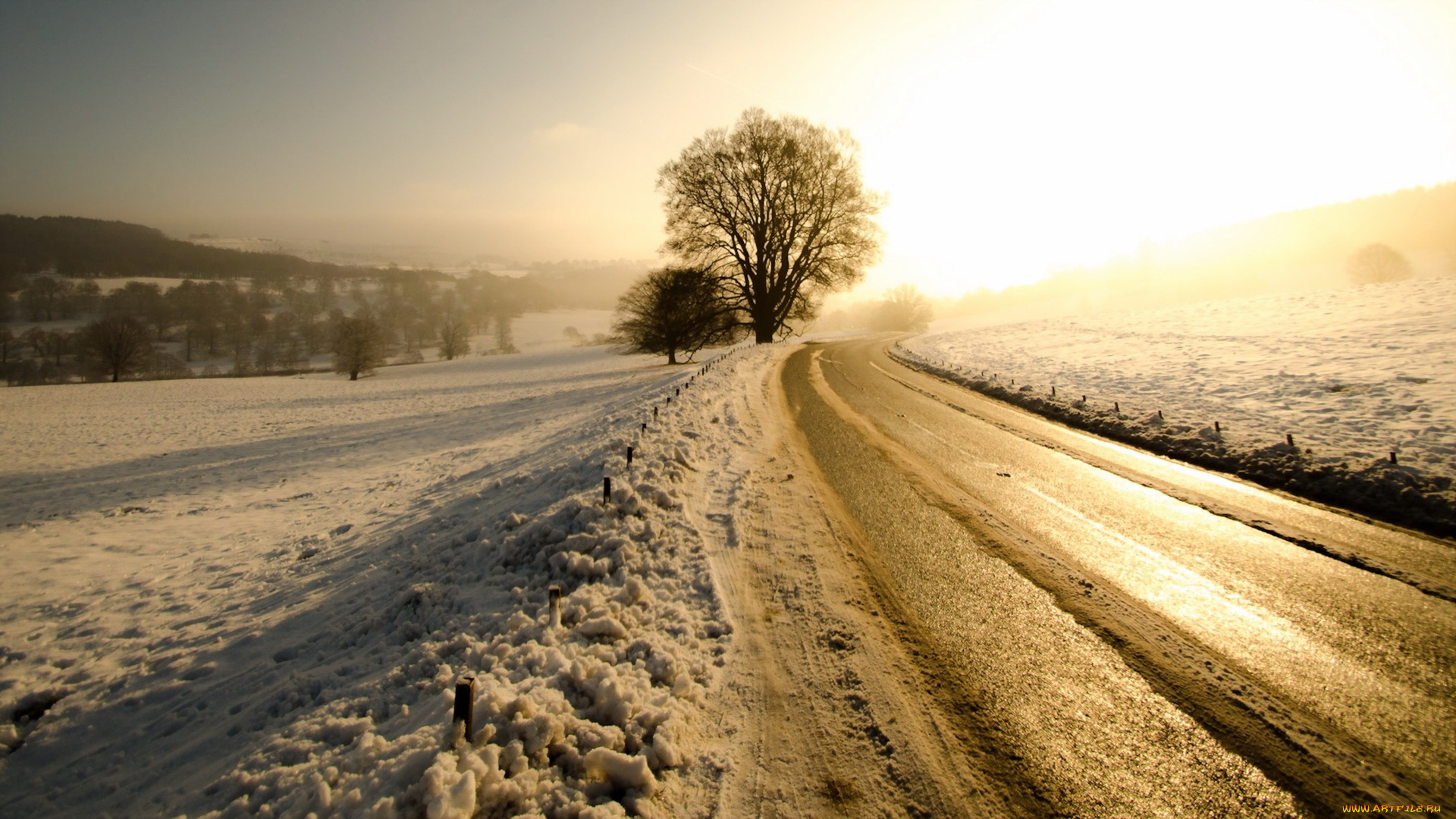 природа, дороги, дорога, зима, утро