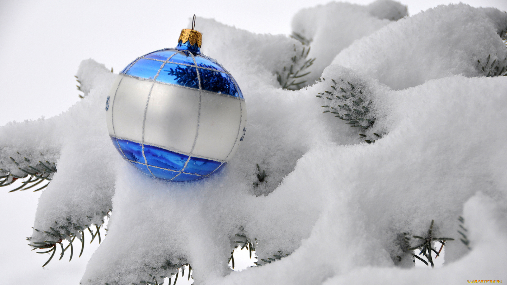 праздничные, шары, шар, ветки, синий, ель, снег