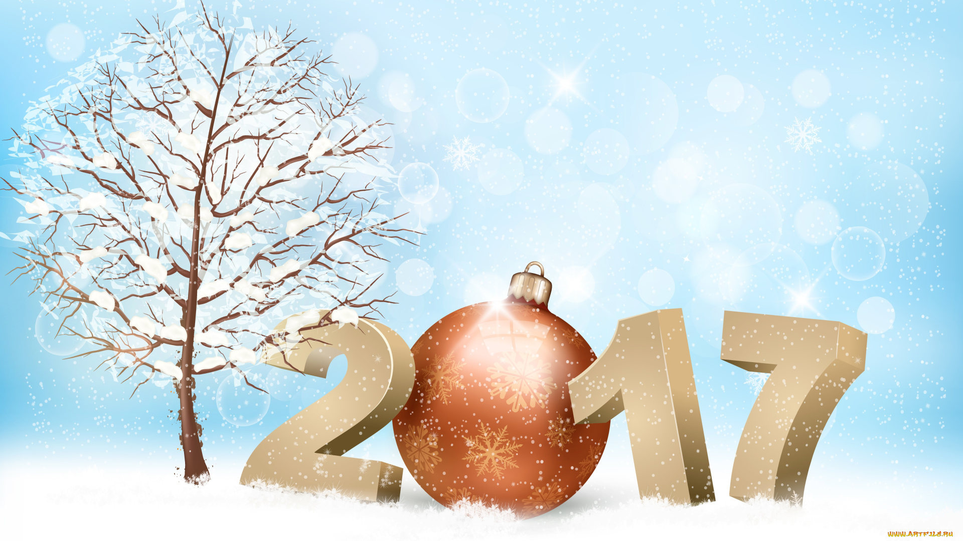 праздничные, векторная, графика, , новый, год, вектор, фон, снег, новый, год, дата, 2017, шарик, снежинки, голубой, дерево, снежное, ветки, игрушка, цифры, сияние, праздник, снегопад, зима, ёлочная