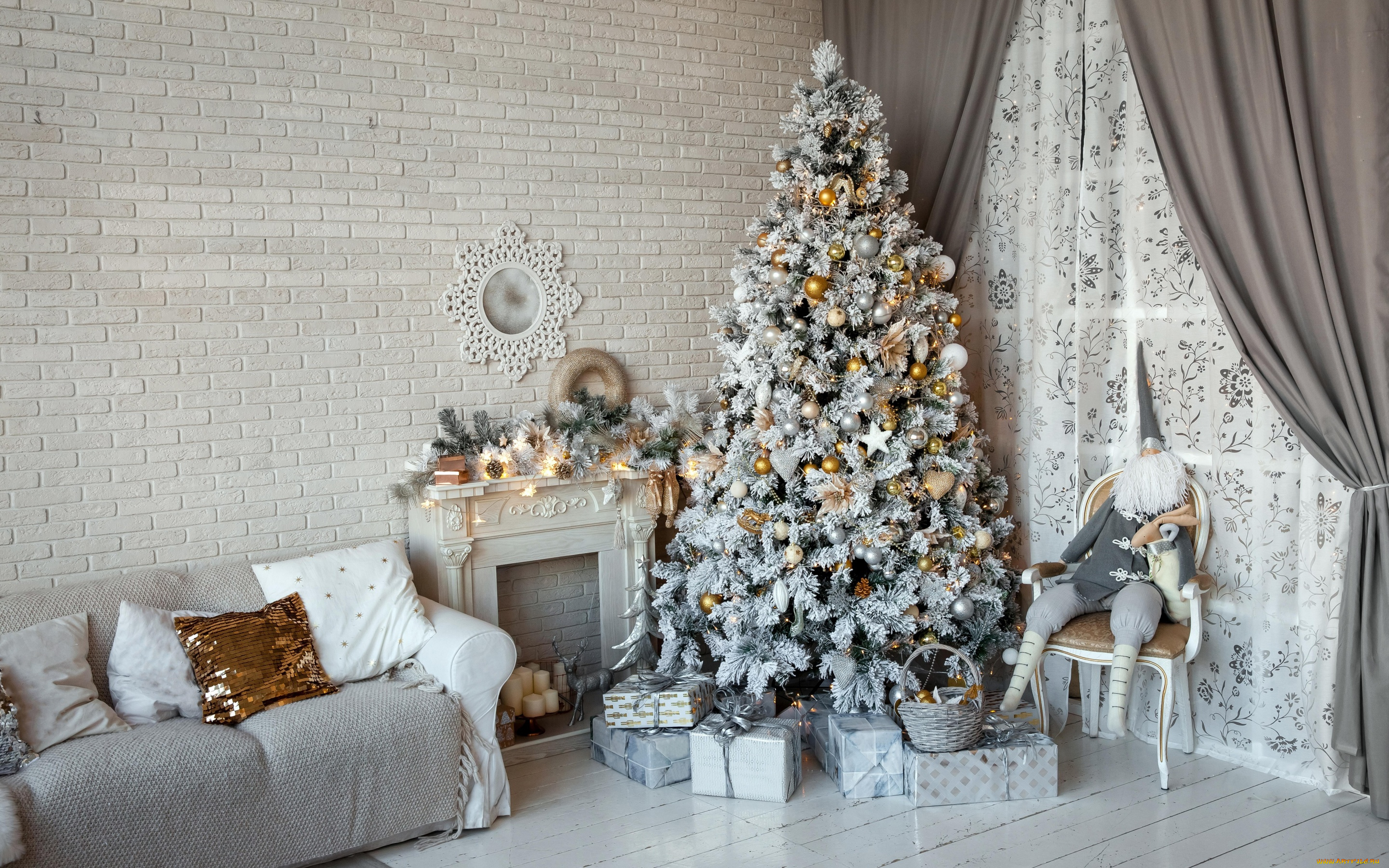 праздничные, новогодний, очаг, диван, гном, шторы, интерьер, подарки, стена, новый, год, елка, рождество, ёлка, игрушки, камин